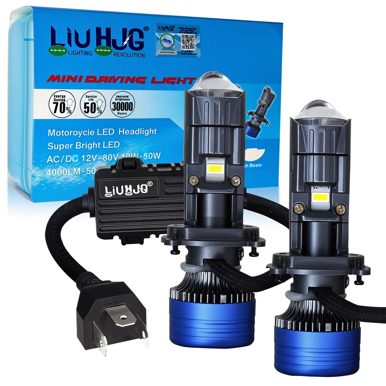 OTO2EYE 1 Year Warranty Powered By LIU HJG H4 Projector Lens LED Headlight Bulb for car | Hi/Lo Beam Headlight 12V-80V | 100W | 5000LM | 3 Pin Projector h4 Headlight with Fan | (Pack of 2)