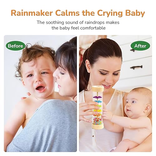 Miniatura 2 de WODI - Palo de lluvia de madera, juguetes Montessori para bebés de 6 a 12 meses, juguete sensorial de desarrollo sensorial, gotas de lluvia,