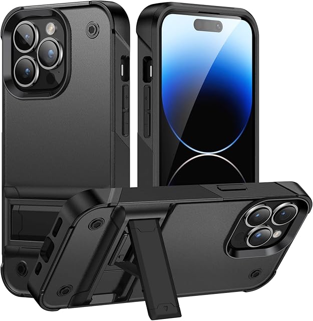 ykooe iPhone 14 Pro Case with Stand, Military Grade Heavy Duty Shockproof Phone Cases Dual Layer Protective Cover for iPhone 14 Pro, Black