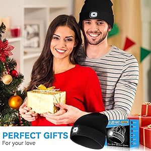FFIPBGE Christmas Stocking Stuffers for Men Adults, Beanie Hats with Light, USB Rechargeable LED Hand Free Headlamp, Birthday Gifts for Men, Women, and Teens, Ideal for Camping, Hiking, Black