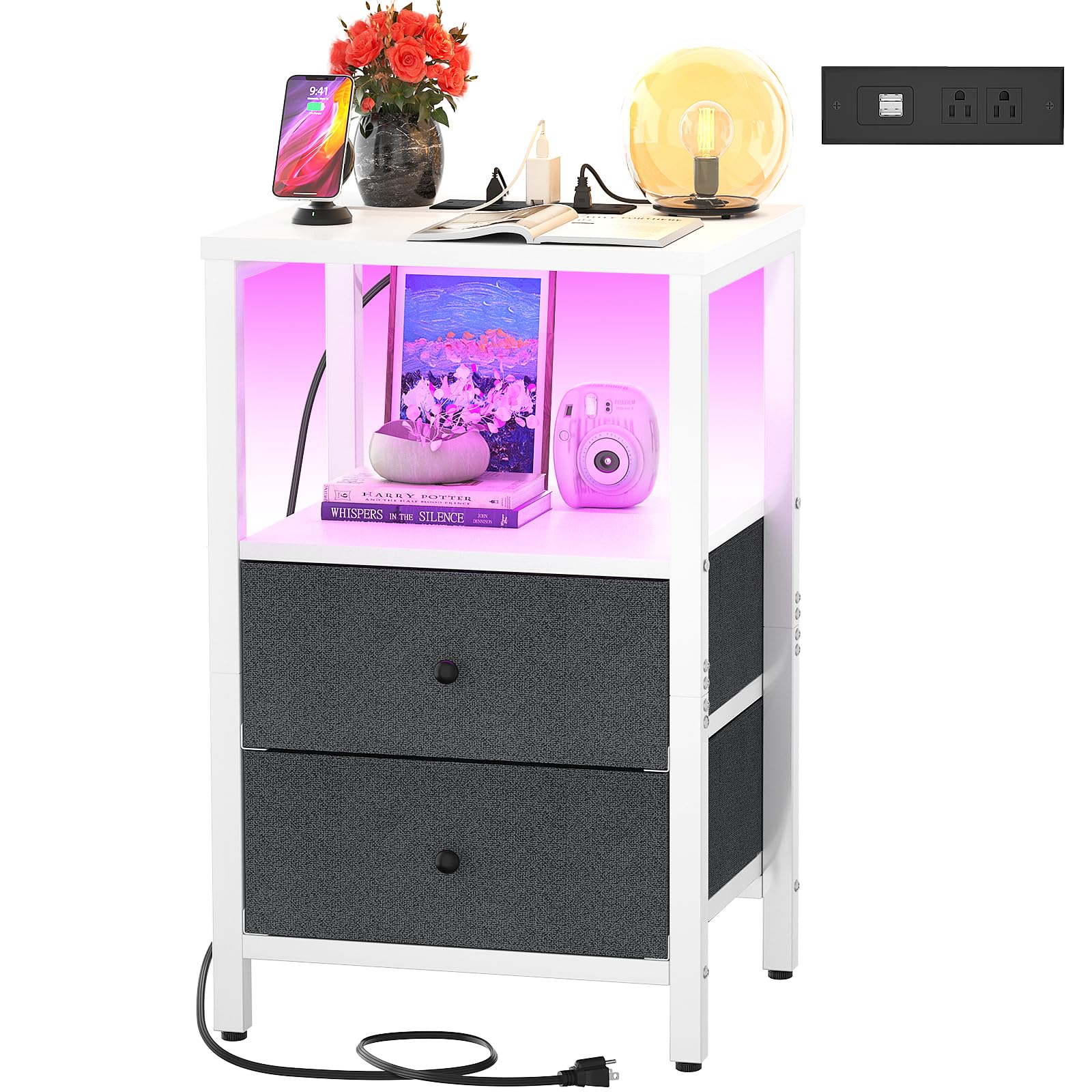 Cyclysio NightStand with Charging Station and LED Lights, Night Stand with 2 Drawers, 25.6'' End Table Bedside Tables with Storage, 3 Tier Tall Night Stand with Storage for Bedroom Living Room, White