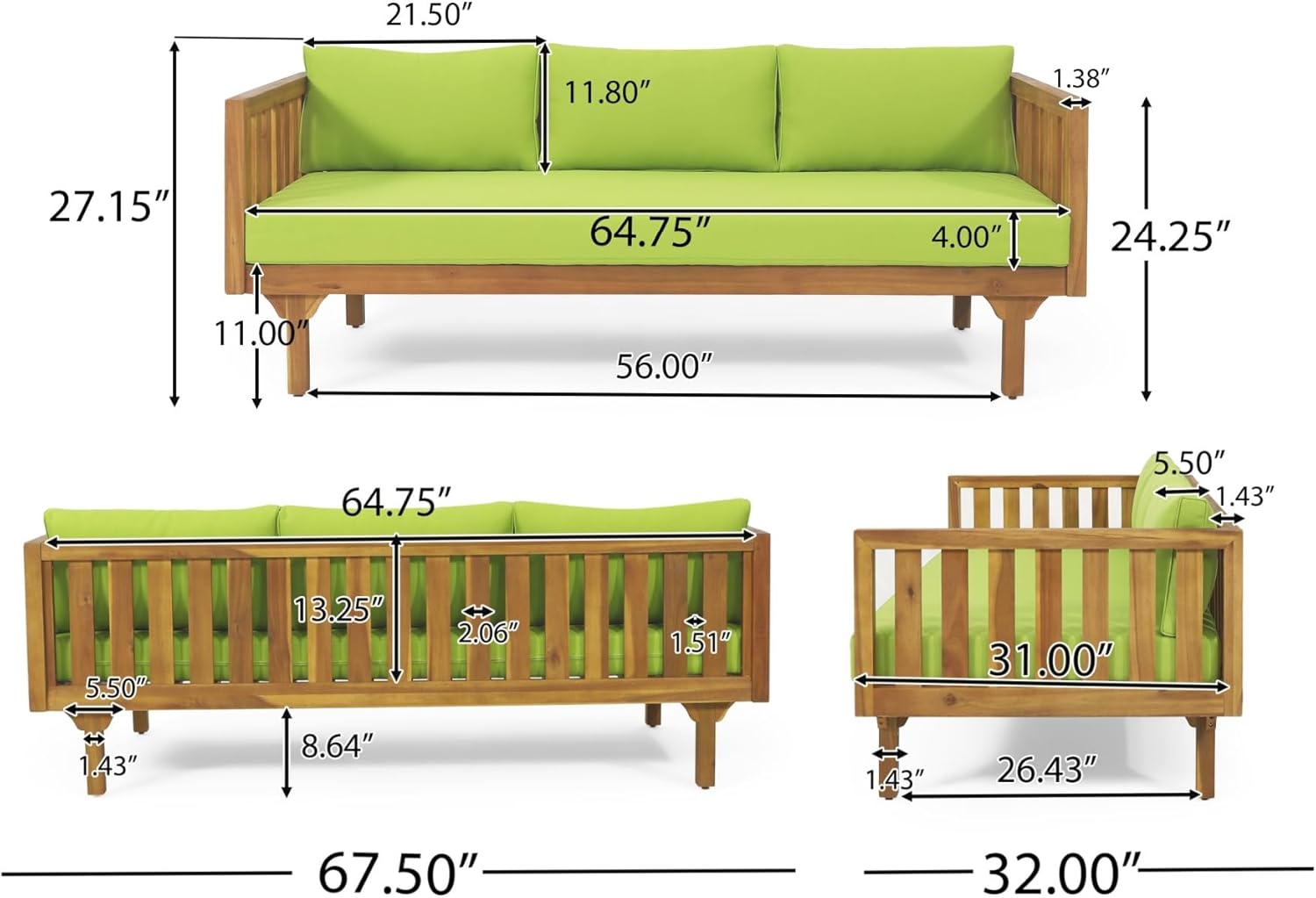 Merax Outdoor 3 Seater Daybed, Acacia Wood Day Bed Couch Sofa with Cushions for Patio Backyard, Garden, Green