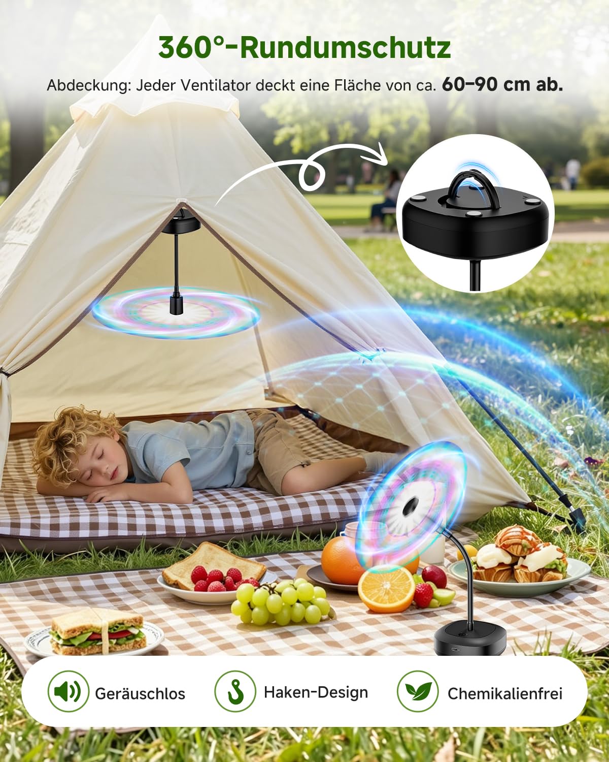 2 PCS Ventilateur Anti Mouche de Table, Rechargeable Chasse Mouche Rotatif, Portable Répulsif à Pales pour Insecte, Hélices Anti Moustique pour Extérieur, Pique-Nique, Barbecue, Terrasses Restaurants