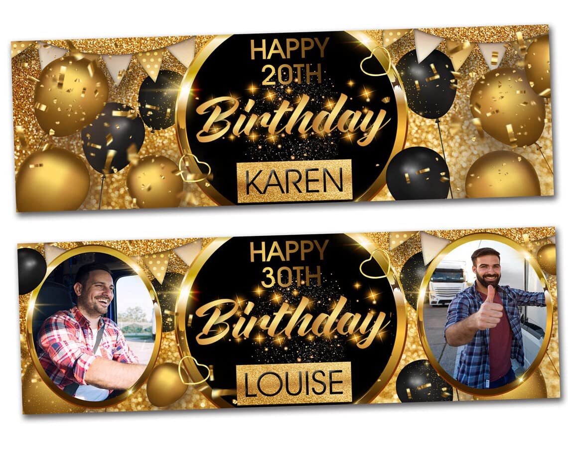 2 personalised birthday banner photo gold black party decoration balloon celebration anniversary -18th 20th 30th 40th 50th birthday man woman kids gift - Image 3