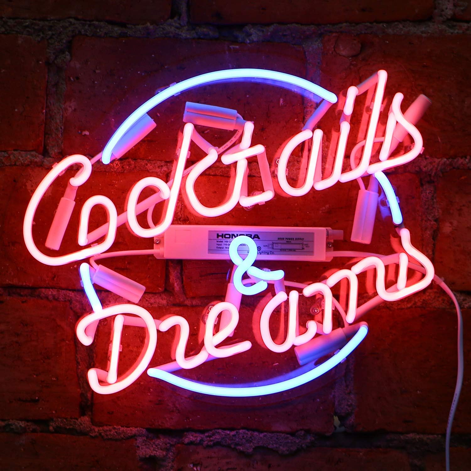 Neon Signs,Cocktails and Dreams Real Glass Neon Sign Beer Bar Pub Store Home Room Party Lights Signs Neon Lamp Wall Artwork Sign witch Dimmer(Pink+Blue,Transparent Frame）