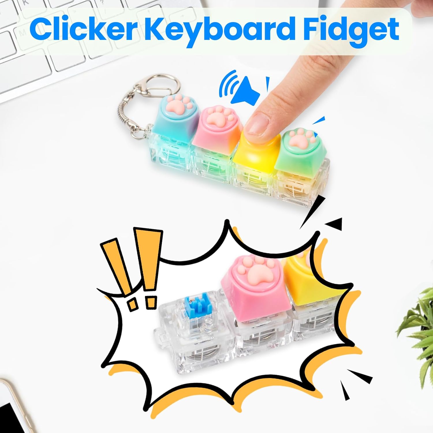 2 Pcs Light Up and No Light Keyboard Fidget Toy, Cute Catpaw Clicky Keyboard Fidget Clicker Keychain, Cat Paw Key Button Stress Relief Fidget for Adult to Anxiety Decompression (Blue Pink)