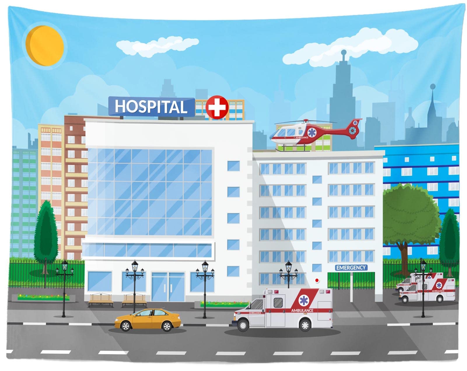 CORFOTO 300x250CM Hôpital Tapisserie Matériel médical hôpital bâtiment ambulance Tapisserie murale Décoration esthétique du salon, de la chambre et du dortoir Wall Hanging