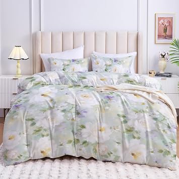 YIYEA Floral Duvet Cover Queen Size, Premium Double Brushed Microfiber Duvet Cover Set with Pillow Cases for All Season, Zipper Closure, 8 Corner Ties, Comforter Not Included, 3PC, Queen