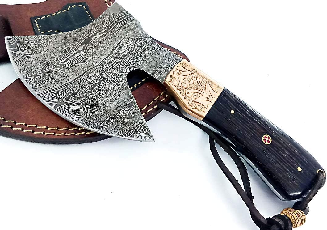 Dessi Handmade Damascus Steel Axe Hatchet Wenge Wood Handle Brass Engraved Bolster Leather Sheath Camping Bushcraft EDC Tomahawk Gift Men SM45