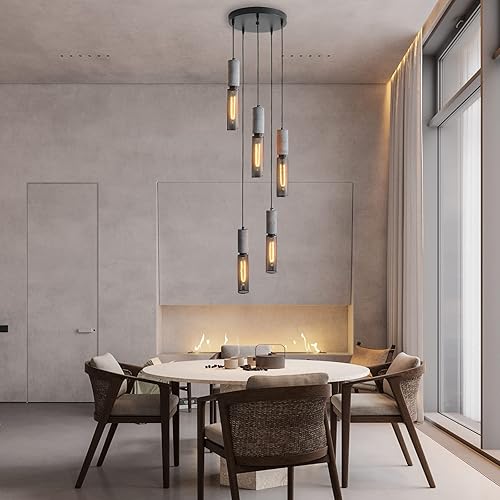 Miniatura 5 de Lámpara colgante lineal de hormigón de 5 luces con pantalla de malla metálica, moderna iluminación colgante de cemento industrial para cocina, isla,