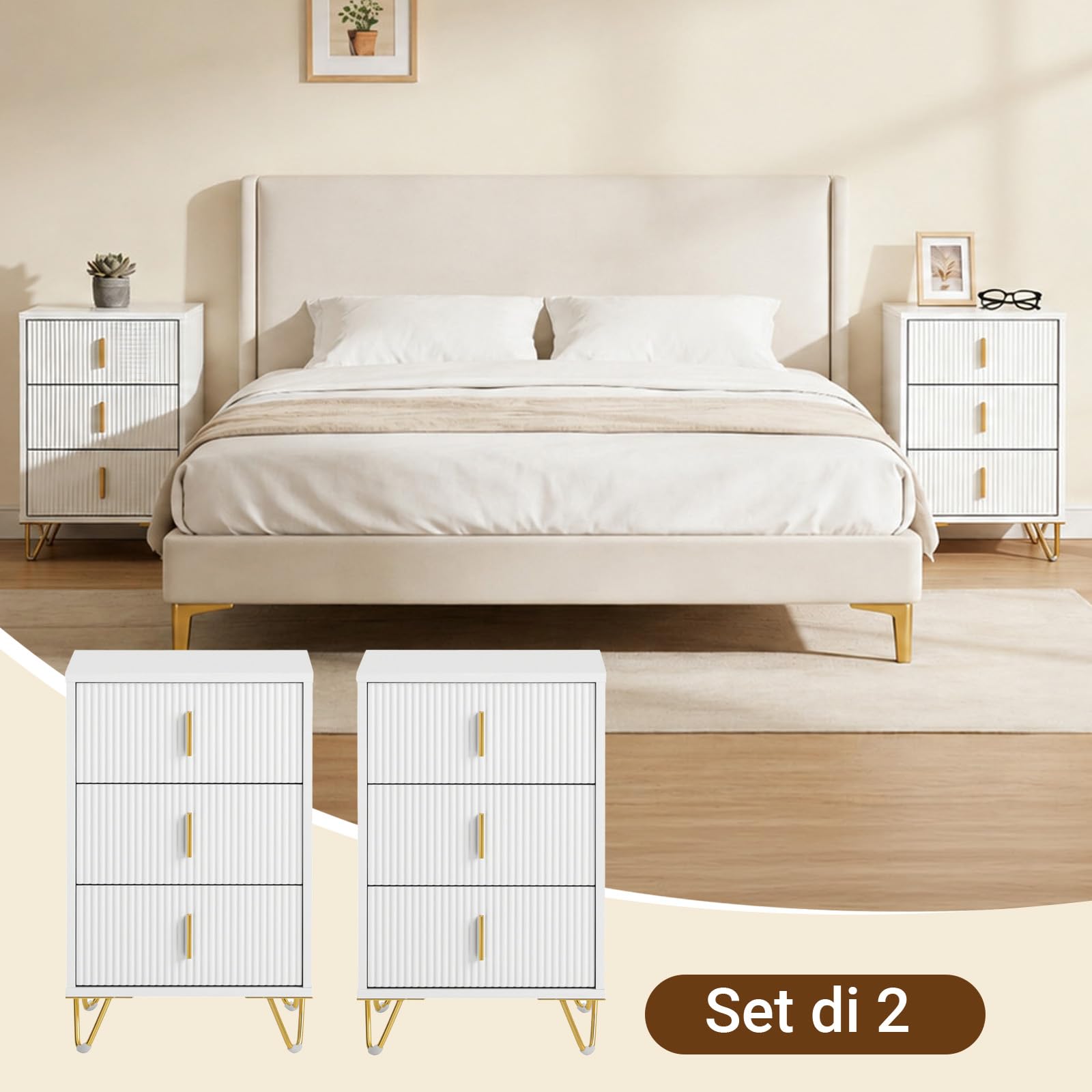 SoBuy set di 2 comodini con 3 cassetti salvaspazio 40x40x63cm camera | Tavolino da letto ergonomico altezza 63cm per piccoli ambienti, mobile bianco moderno, FBT115-L-Wx2