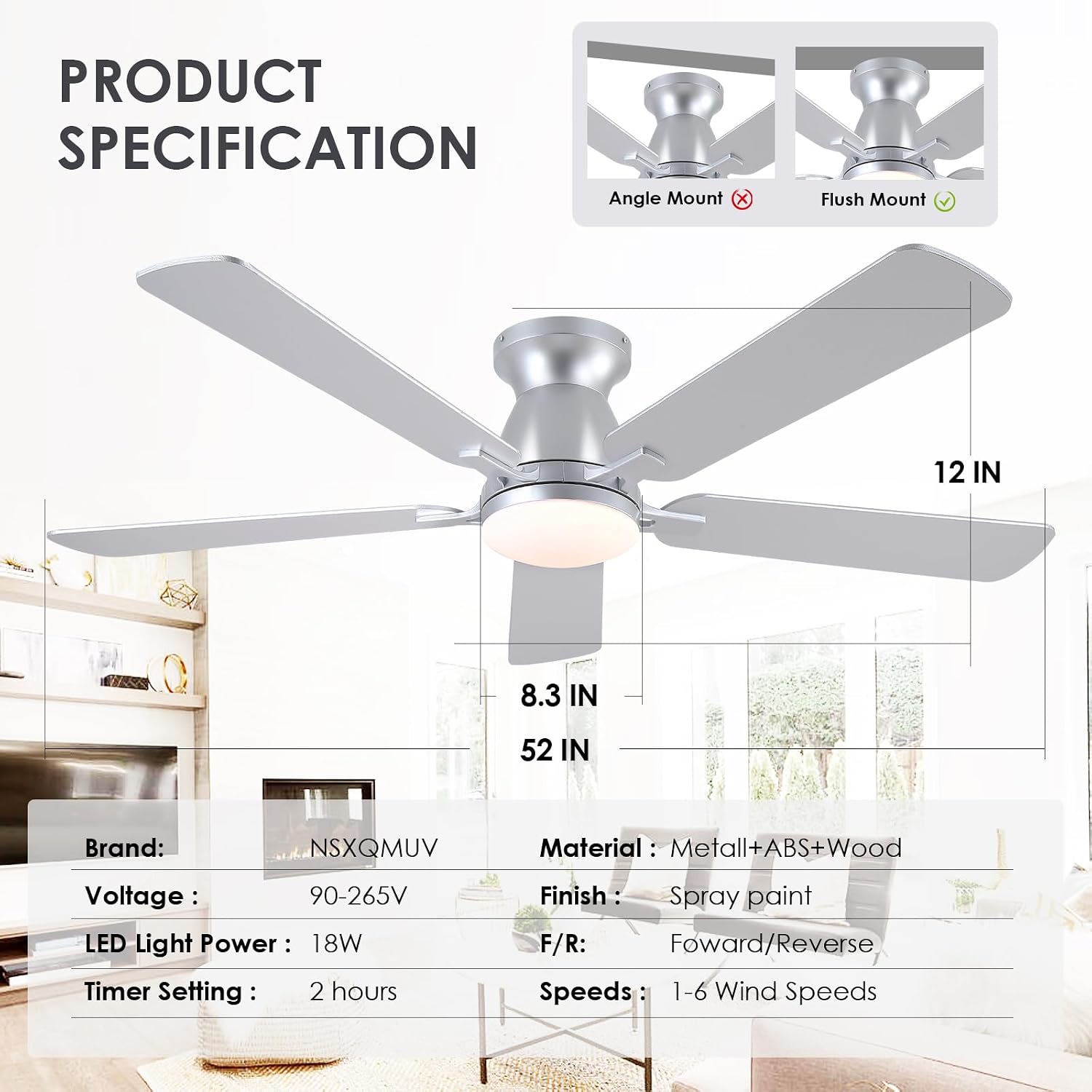 52 Inch Ceiling Fans with Lights and Remote, Modern Silver Low Profile Ceiling fan with light for Bedroom Indoor/Outdoor, Flush Mount, Reversible Quiet DC Motor, Dimmable LED, Wooden Blades