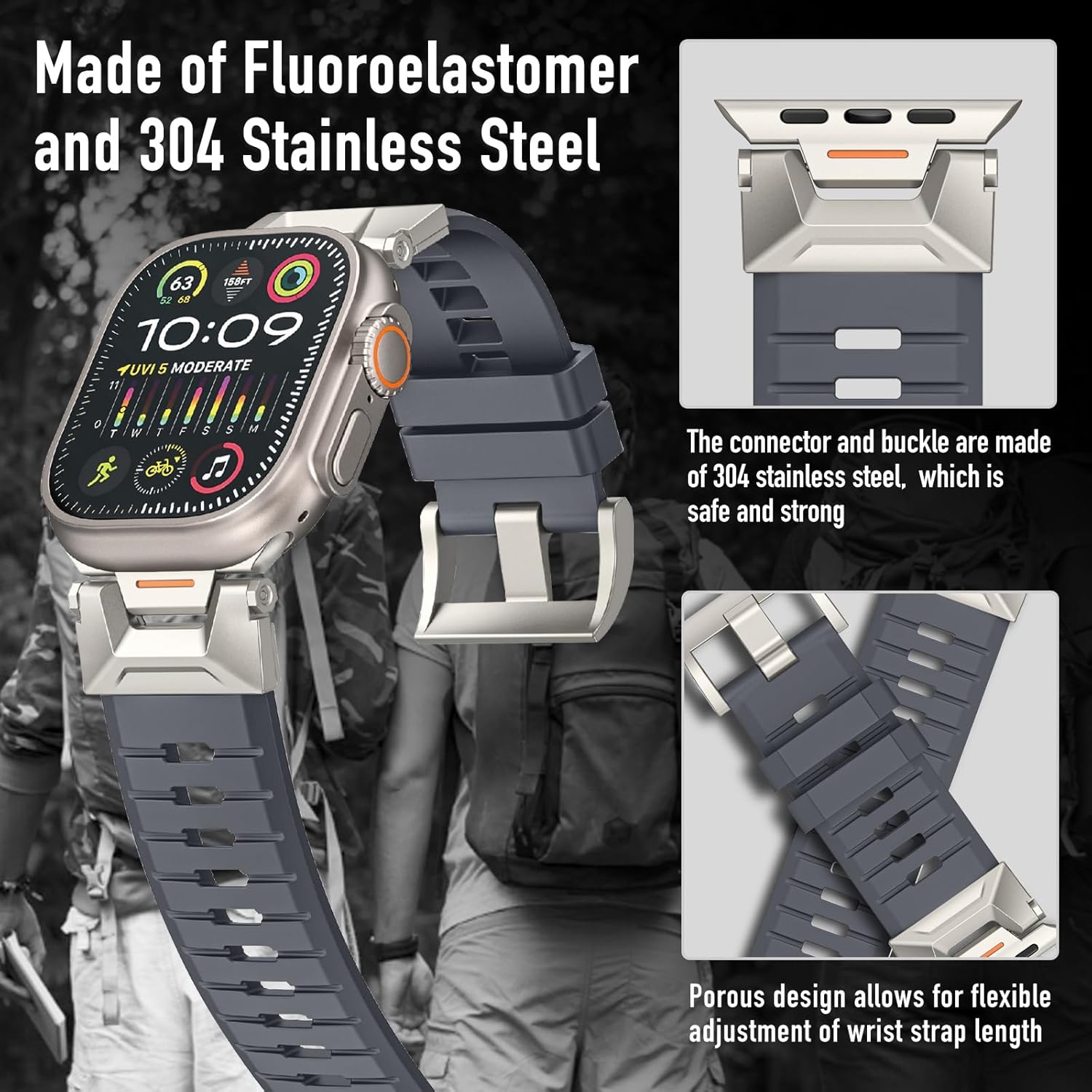 Band for Apple Watch Ultra 3/2 49mm Band SE 3 44mm (304 Stainless Steel & Fluoro Rubber) Bsnds for Apple Watch Series 11/10 46mm, Series 9/8/7 45mm, Series 6/5/4 44mm, Serie 3 42mm - Grey