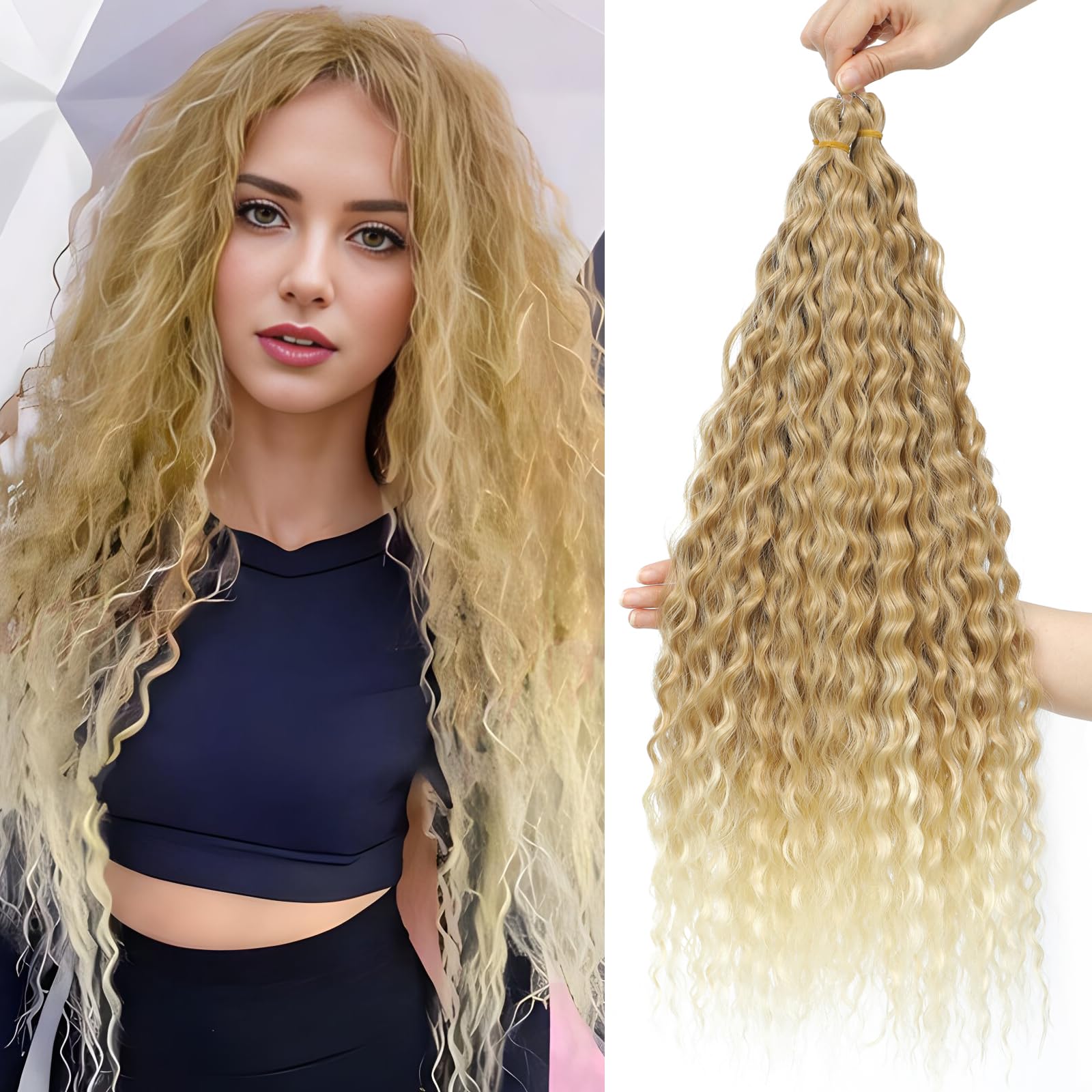 FANLUTYIN 22 Inch Curly Crochet Braiding Hair 3 Packs Ocean Wave Crochet Hair Extensions Deep Wave Synthetic Braiding Hair Curls Hair Twist Water Wave Braided Hair (27/613#