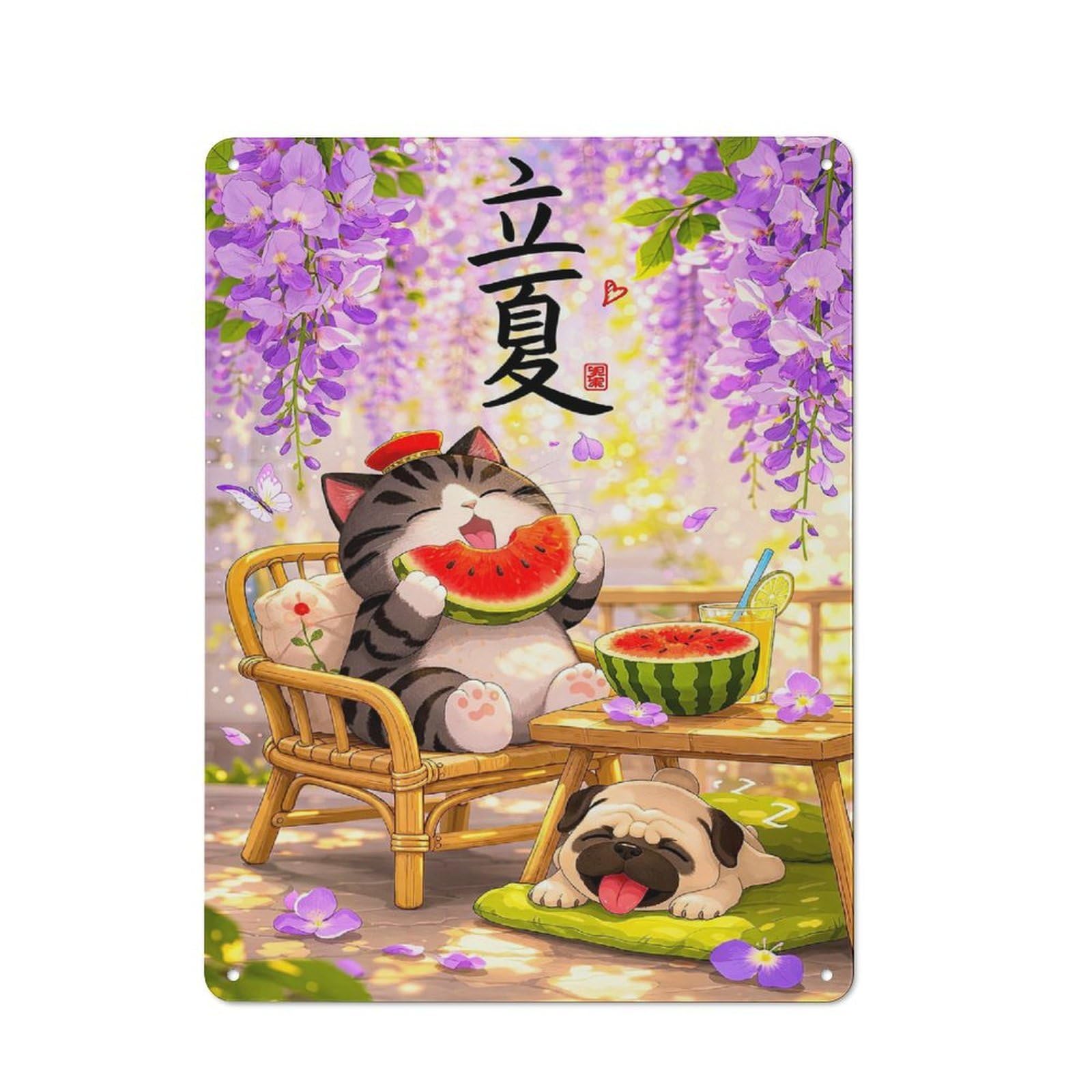 Junmoney Style-5 Modern Retro Decorative Metal Plaque 40X30cm Featuring Cute Cat And Pug Enjoying Summer, Loft Wall Plaque For Flat, Bar, Studio Or Gallery Wall
