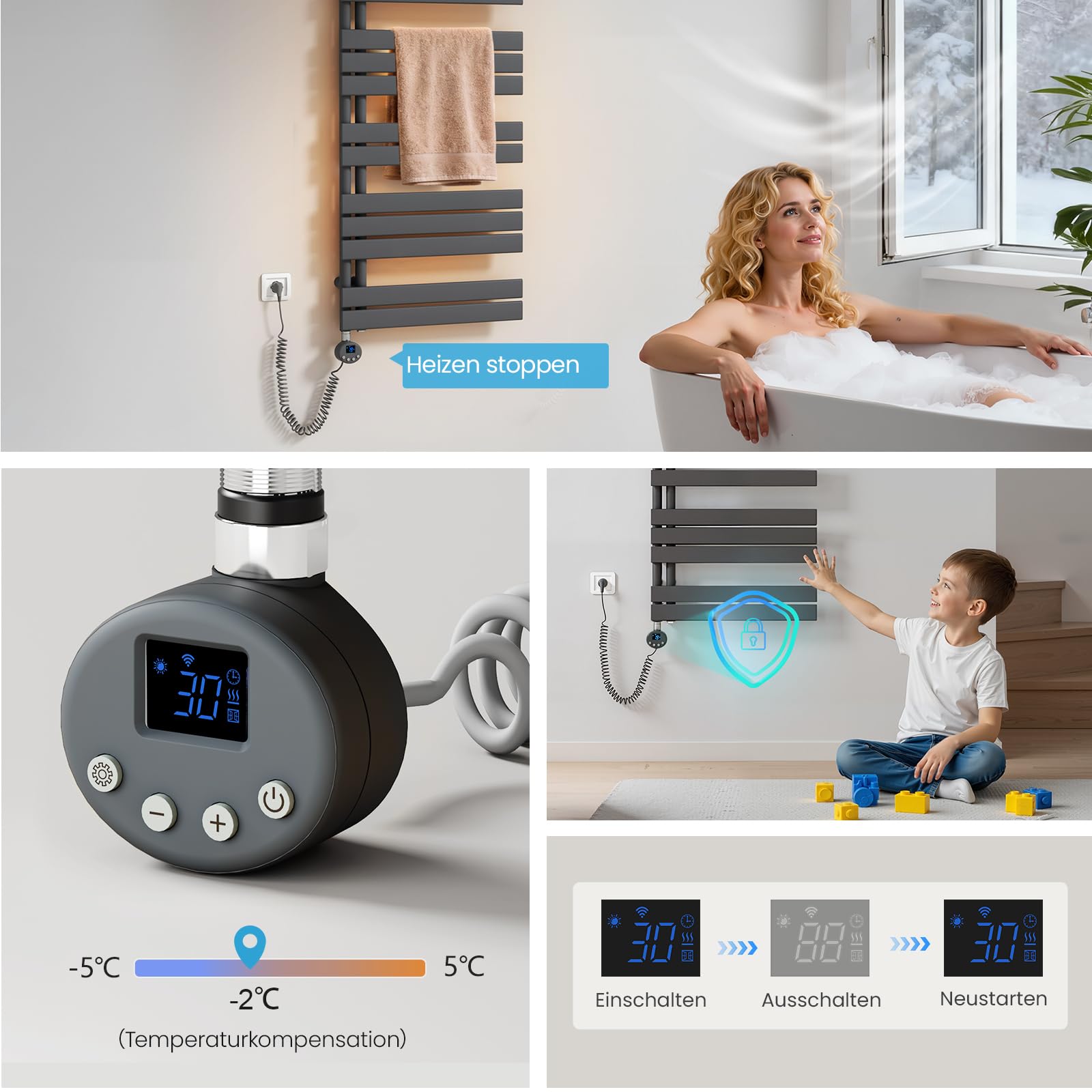 Heilmetz Badheizkörper Elektrisch WiFi 1176 x 400 mm,Flach Bad Heizkörper mit Digitalem Thermostat, Elektrischer Handtuchheizkörper Handtuchwärmer mit Timer für Badezimmer,600 Watt Anthrazit