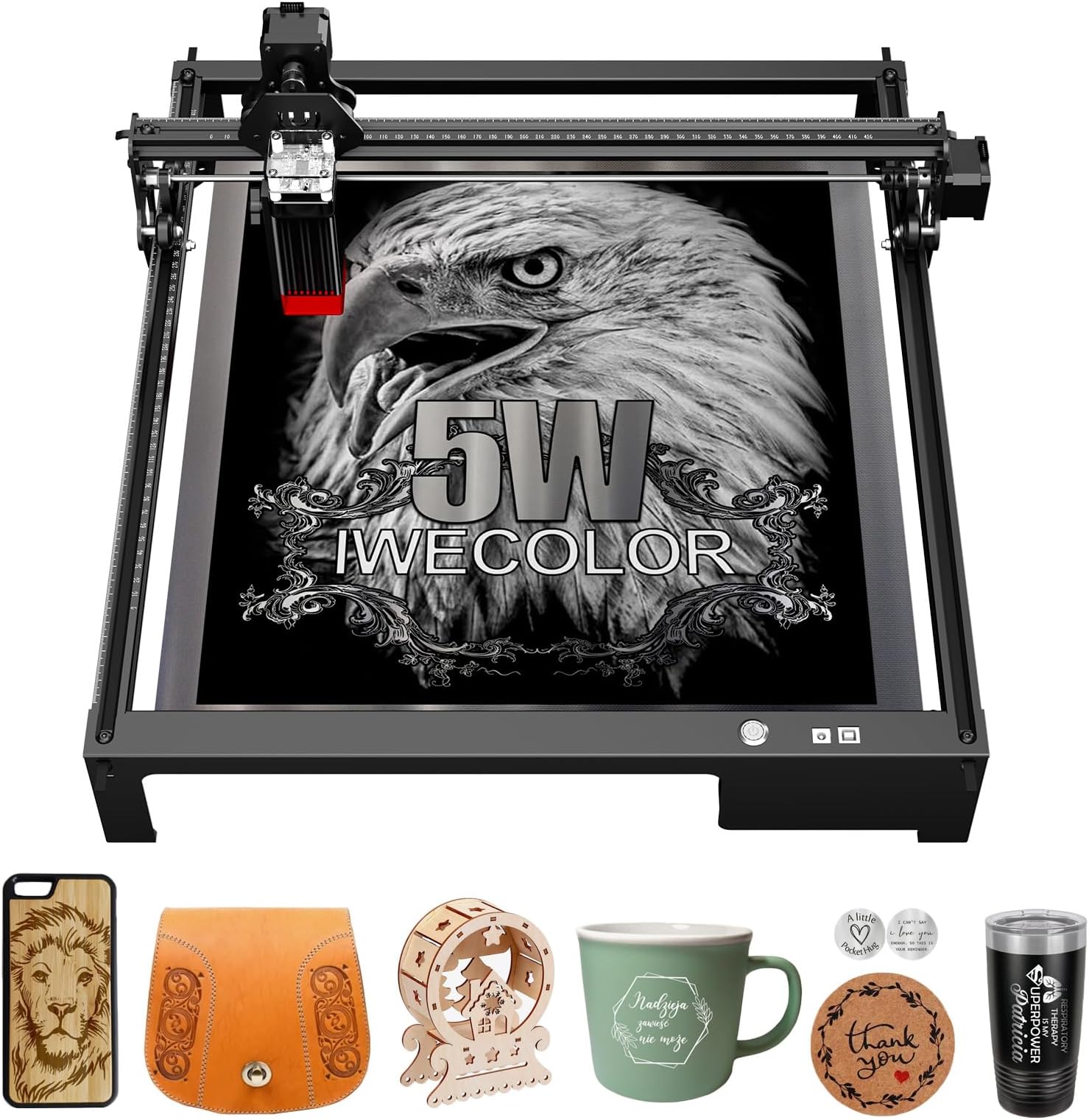 IWECOLOR 5W Laser Engraver, 60W Output Power Efficient Laser Engraving Machine, 5W Laser Cutter, CNC Machine for Wood, Metal, Paper, Acrylic, Leather