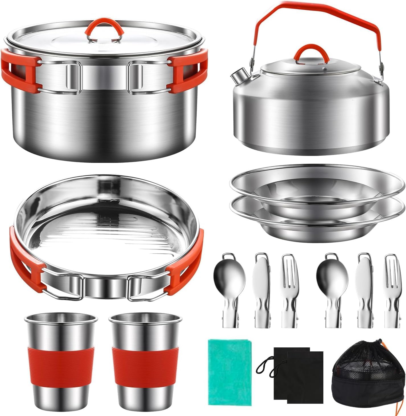 Set di pentole da campeggio, in acciaio inox 304, set di pentole e padella, con bollitore, tazze, piatti, forchette, coltelli, cucchiai per campeggio, attività all'aperto, escursioni, picnic, RVs per