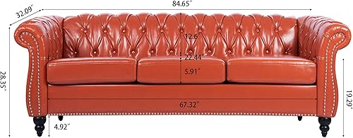 Miniatura 9 de Sofá Chesterfield moderno de tres plazas, sofá de piel sintética con brazos enrollados, cómodos sofás para sala de estar, oficina, sala de recepción
