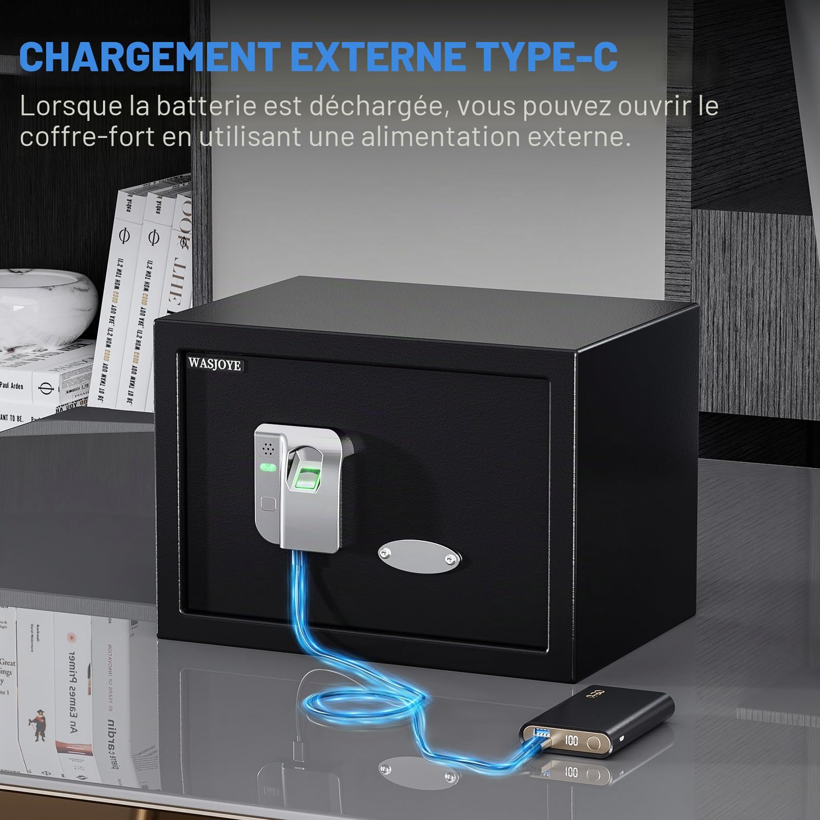 WASJOYE 25L Coffre-Fort d'Empreinte Digitale, Biométrique Armoire Coffre-Fort à Domicile avec Clés, Electronique Automatique avec Identification des Doigts pour la Maison, le Bureau, l'Hôtel