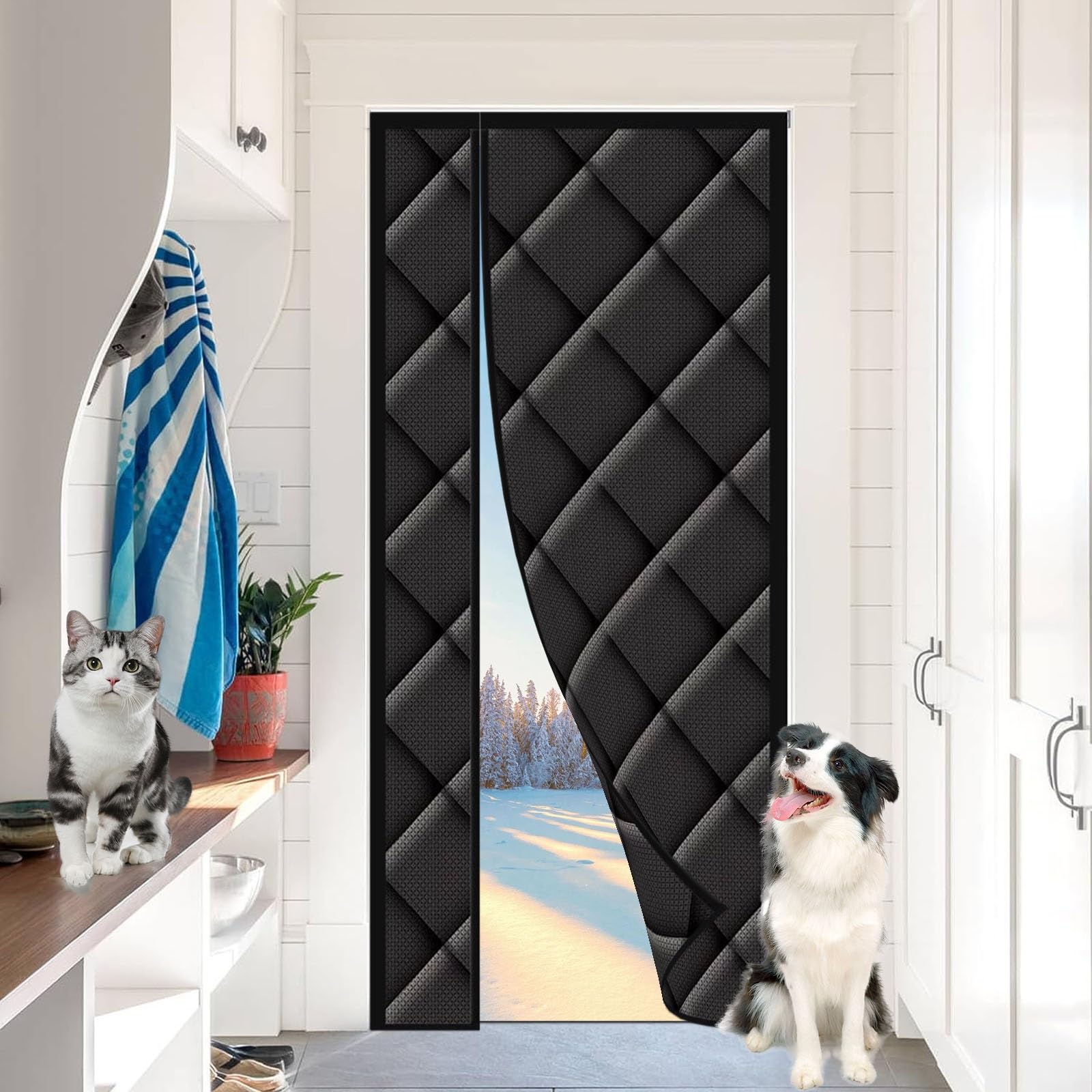Tenda per Porta Isolamento Termico Magnetico, Tenda per Porta Isolata in Cotone Invernale, Calda e Antivento, velocità di Chiusura più Rapida(Black,W150cm*H240cm)