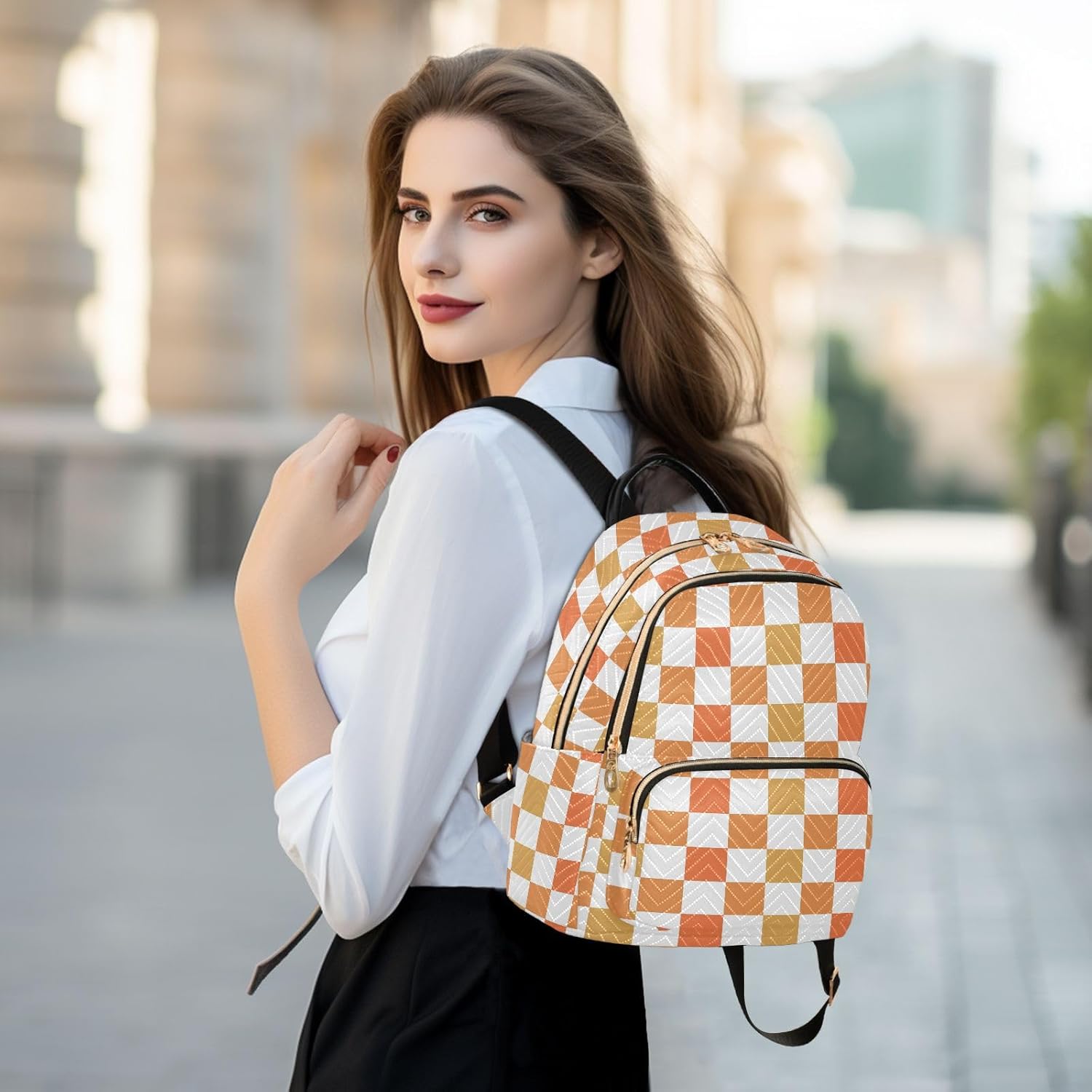 Sinestour Orange Checkerboard Women Backpack Purse Large Capacity Casual Daypack Adjustable Strap Travel Camping Work Backpack