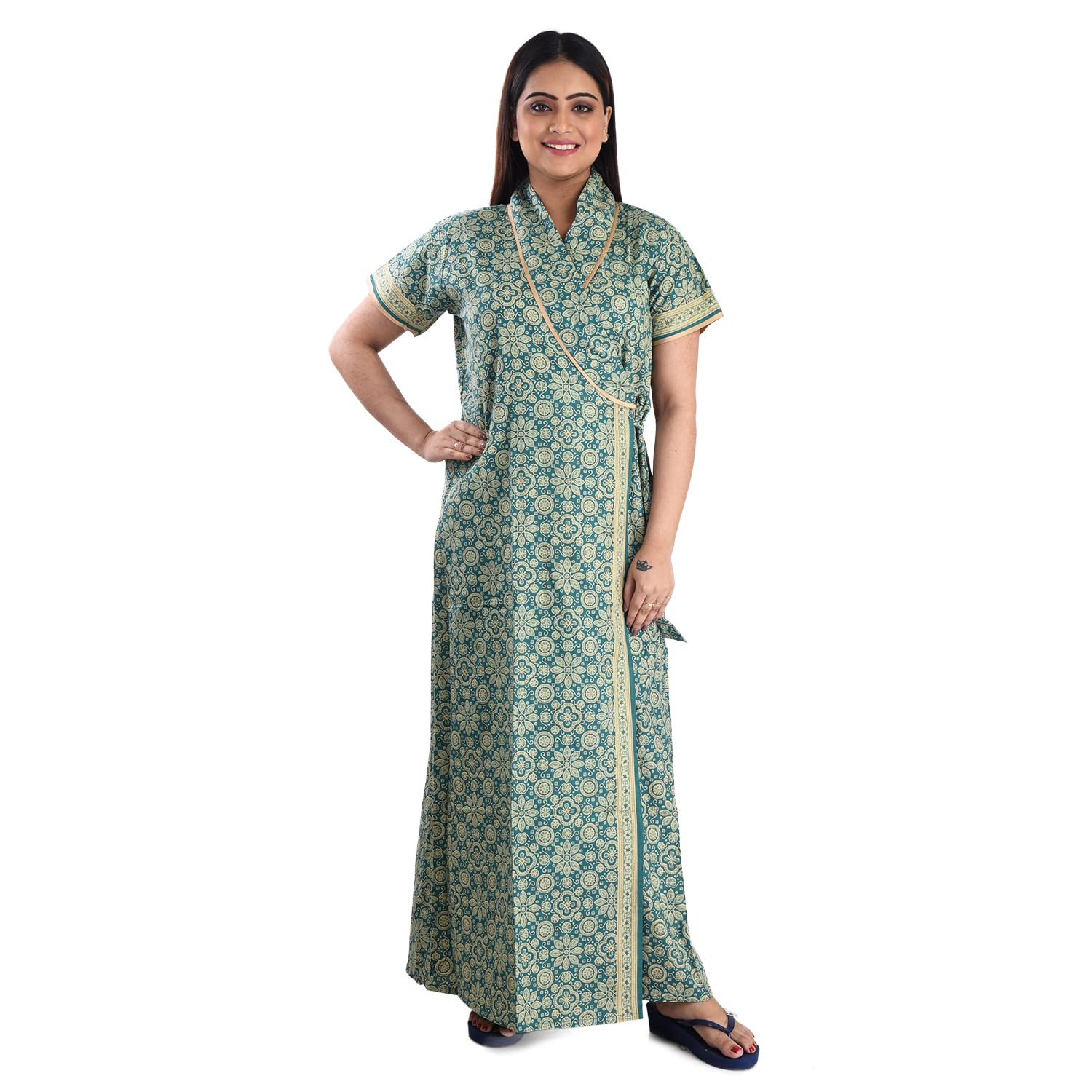 Women's Pure Cotton Printed House Coat,Front Open Adjustable Nighty/Night Wear B40-image-32