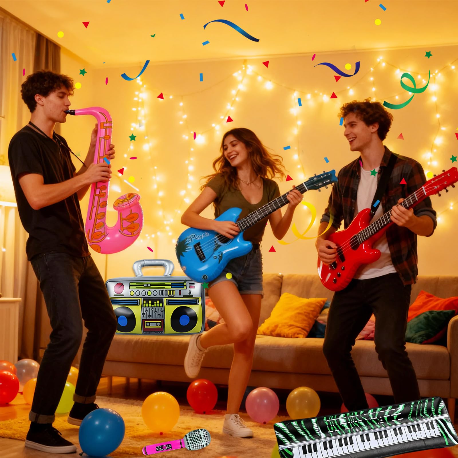 Juego de 23 accesorios inflables para fiestas, juego de instrumentos inflables, guitarra inflable para niños, micrófono de saxofón pipa, radio, teclado, gafas para decoración de fiesta de discoteca