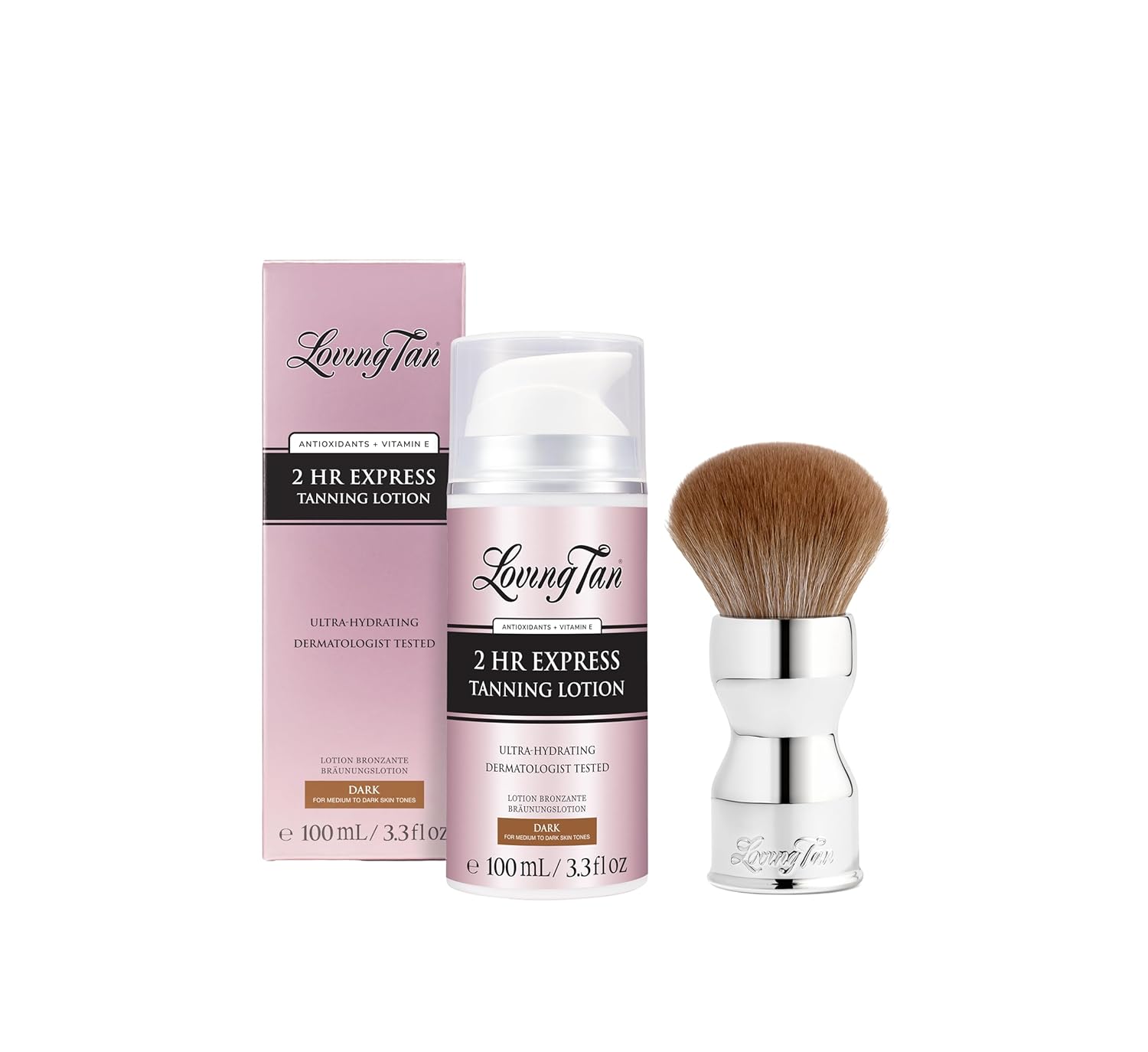 Loving Tan NEW 2 HR Express Self Tanning Body Lotion, Dark - Hydrating Natural-Looking Glow Sunless Self Tanner + Flawless Blending Brush - Streak-Free Application, Ultra-Soft Vegan Bristles