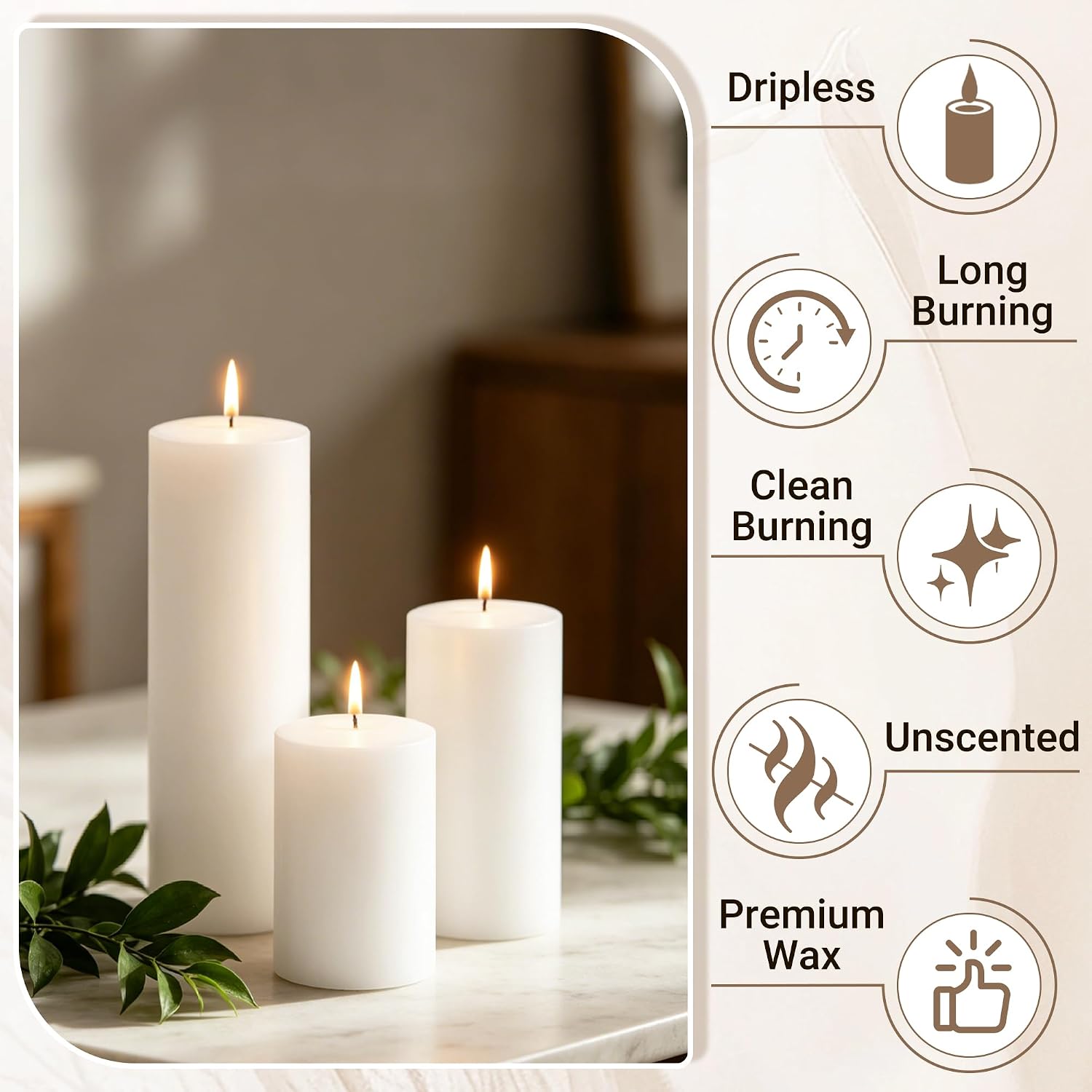 Long Burning White Pillar Candles Bulk Set of 18, Unscented Dripless Smokeless 2 in x 3, 4, 6 Inch Candle Set for Wedding Decor, Centerpieces, Mantel, Spa and Home Decor