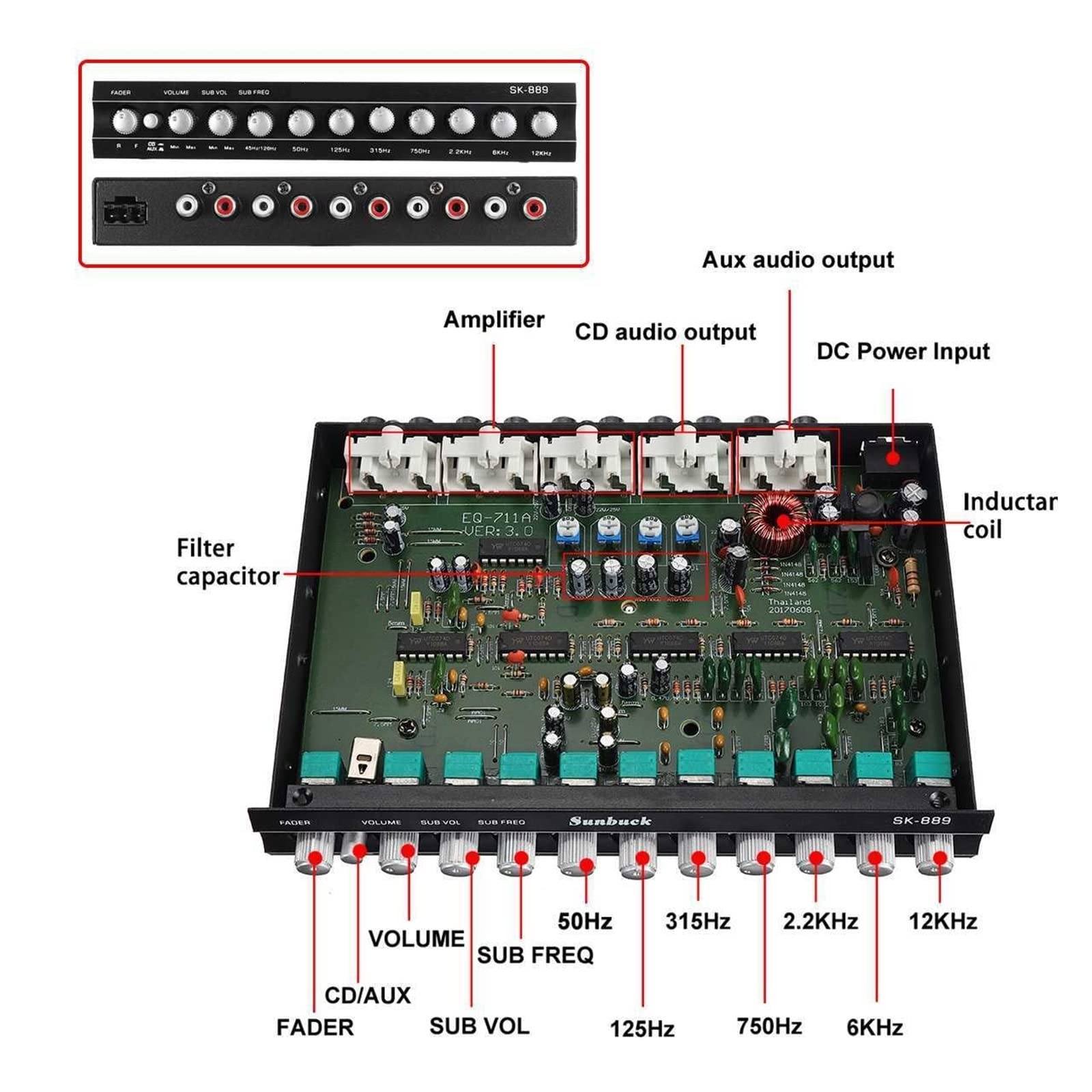 Wzmacniacz 8-pasmowa korekcja graficzna PRZEDWZMACNIACZ Z CZĘSTOTLIWOŚCIĄ SUB Woofer 12 V HiFi Wzmacniacz samochodowy