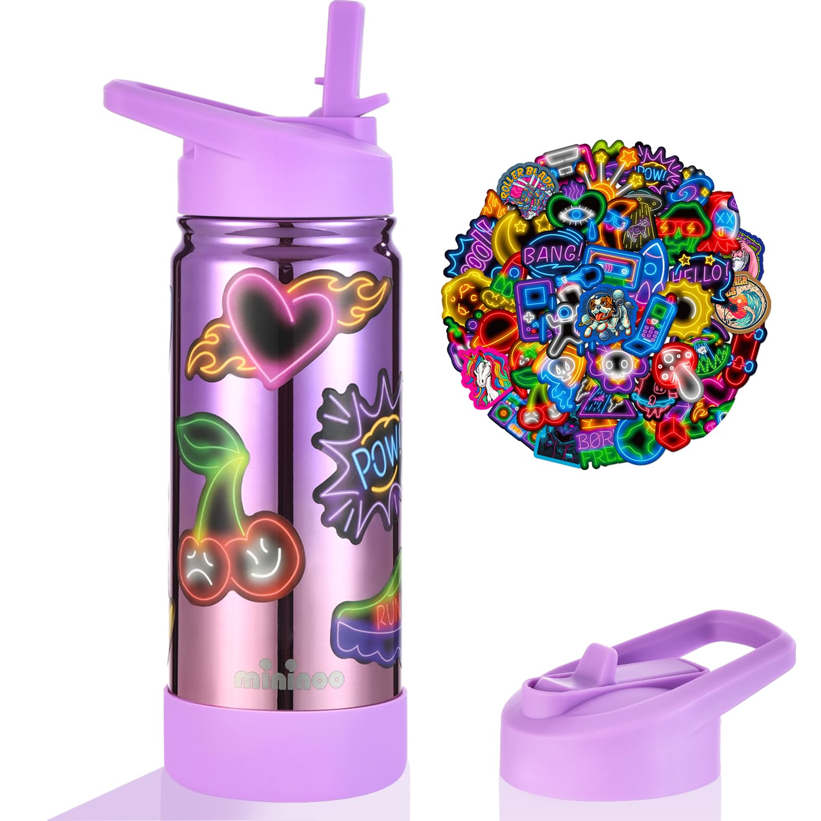 Mininoo Kids Water Bottle Girls Water Bottles for School 16oz Metal Water Bottle Kids with Straw Lid