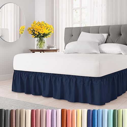 Falda de cama envolvente con volantes, color azul marino, para camas de tamaño Queen con altura de 38 cm CGK Linens - Falda de cama plisada con tela