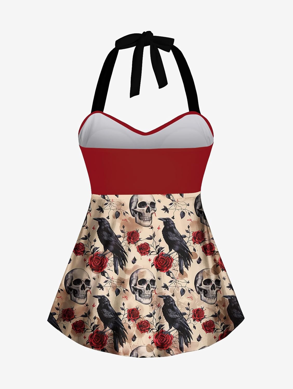 Rosegal Women Plus Size Goth Two Piece Tankini Set Skull Rose Flower Halter Swimsuits