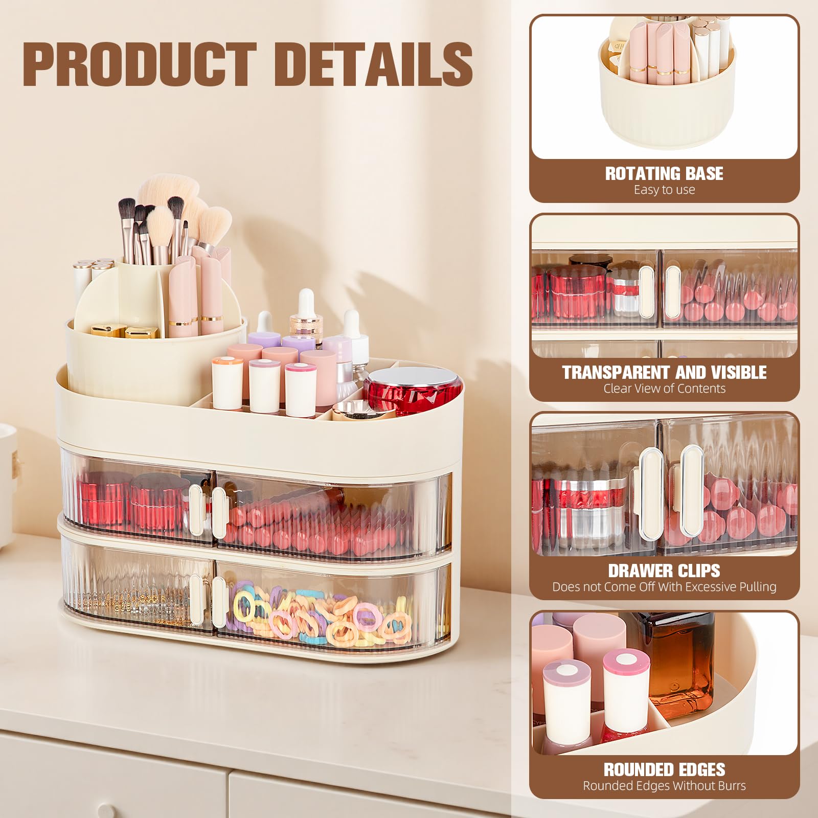 FoiiLiio Make Up Organizer per Cosmetici con 2 Rotazione Cassetti, Grande Porta Cosmetici Multifunzionale con Rotazione a 360°, per trucco adatto per gioielli, spazzole, rossetto e creme (Beige)