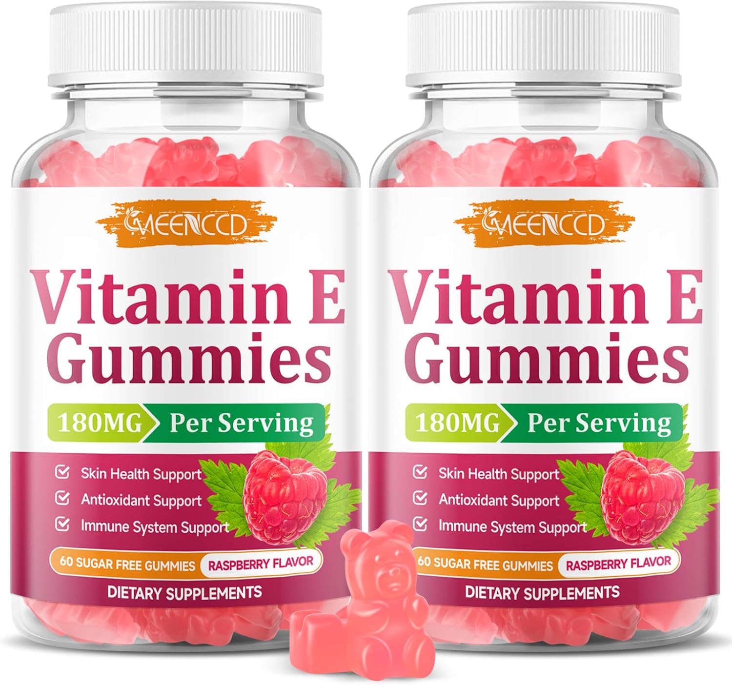 MEENCCD 2 Pack Vitamin E Gummies, 180 mg (400 IU) dl-Alpha, Daily Skin Support, Sugar-Free, Vegan, Non-GMO, Raspberry Flavor, 120 Count