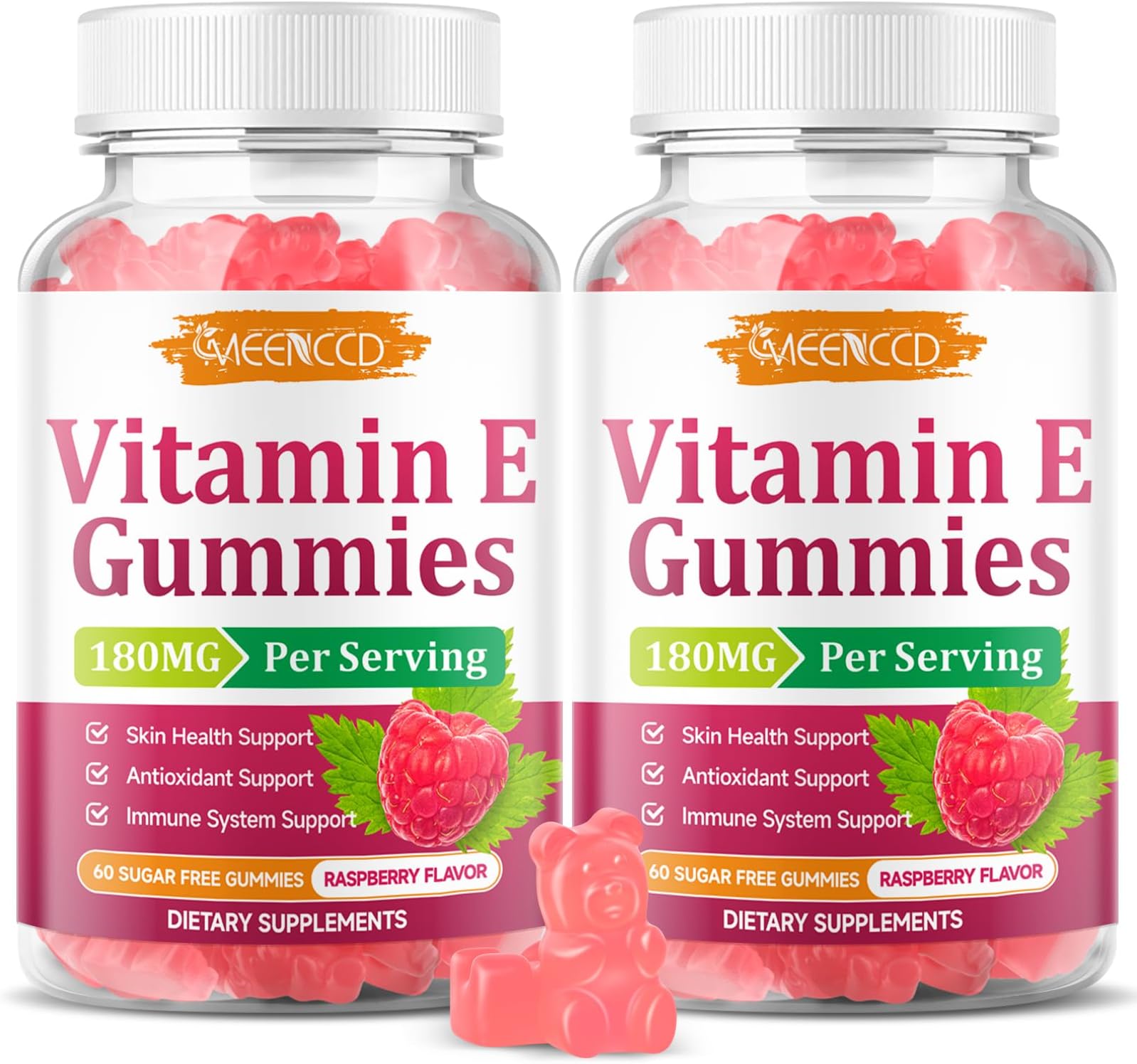 - 2 Pack Vitamin E Gummies, 180 mg (400 IU) dl-Alpha, Daily Skin Support, Sugar-Free, Vegan, Non-GMO, Raspberry Flavor, 120 Count