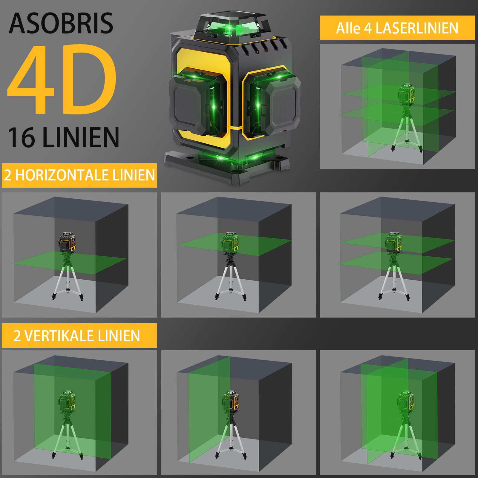 Kreuzlinienlaser mit Stativ,ASOBRIS 16 Linienlaser Selbstnivellierend Laser Wasserwaage mit 2x2400mAh Batterien,Fernbedienung&LED-Anzeige,4x360 Grad Nivellierlaser Laser Level kreuzlaser (Gelb)