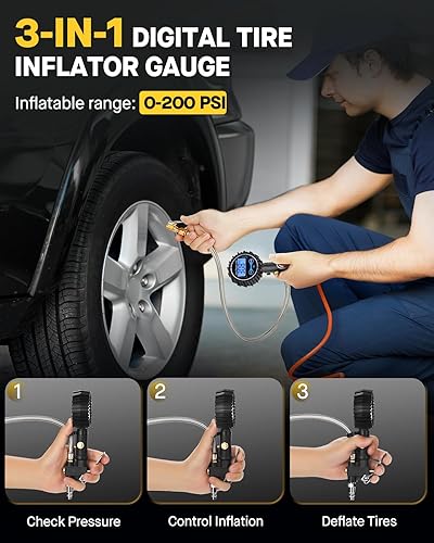 Miniatura 25 de Medidor de presión de neumáticos (0-100 PSI) de alta resistencia. Certificado ANSI. Preciso con dial grande de 2 pulgadas, con brillo fácil de leer.
