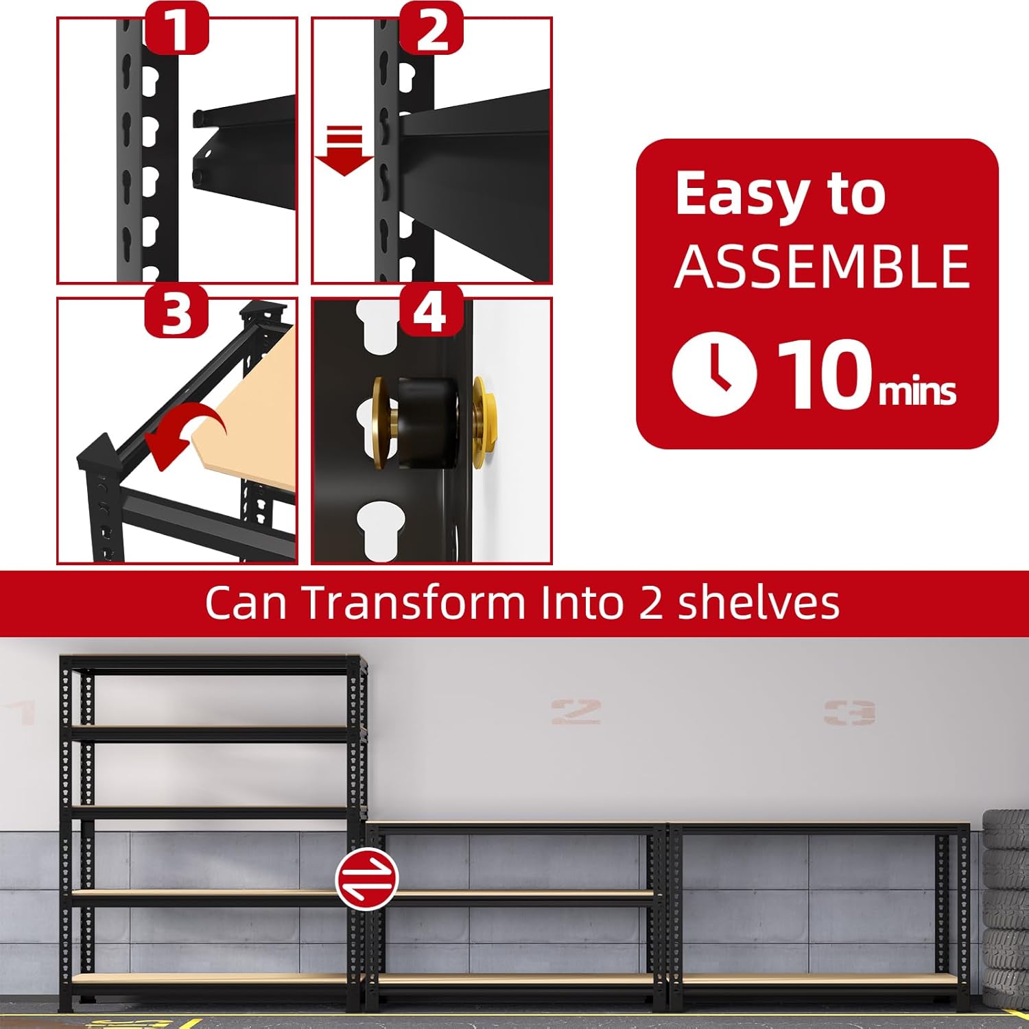 5-Shelf Heavy Duty Shelving - Adjustable Garage Storage Shelves, Metal Utility Storage Racks for Warehouse Pantry Basement Kitchen, Garage Organizers Shef Unit, Black, Packs of 2