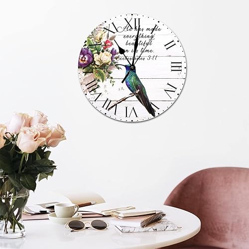 Miniatura 66 de ArogGeld He Made Everything Beautiful - Reloj de pared de PVC con flores rosadas, colibrí, reloj de pared grande con cita y números romanos, reloj