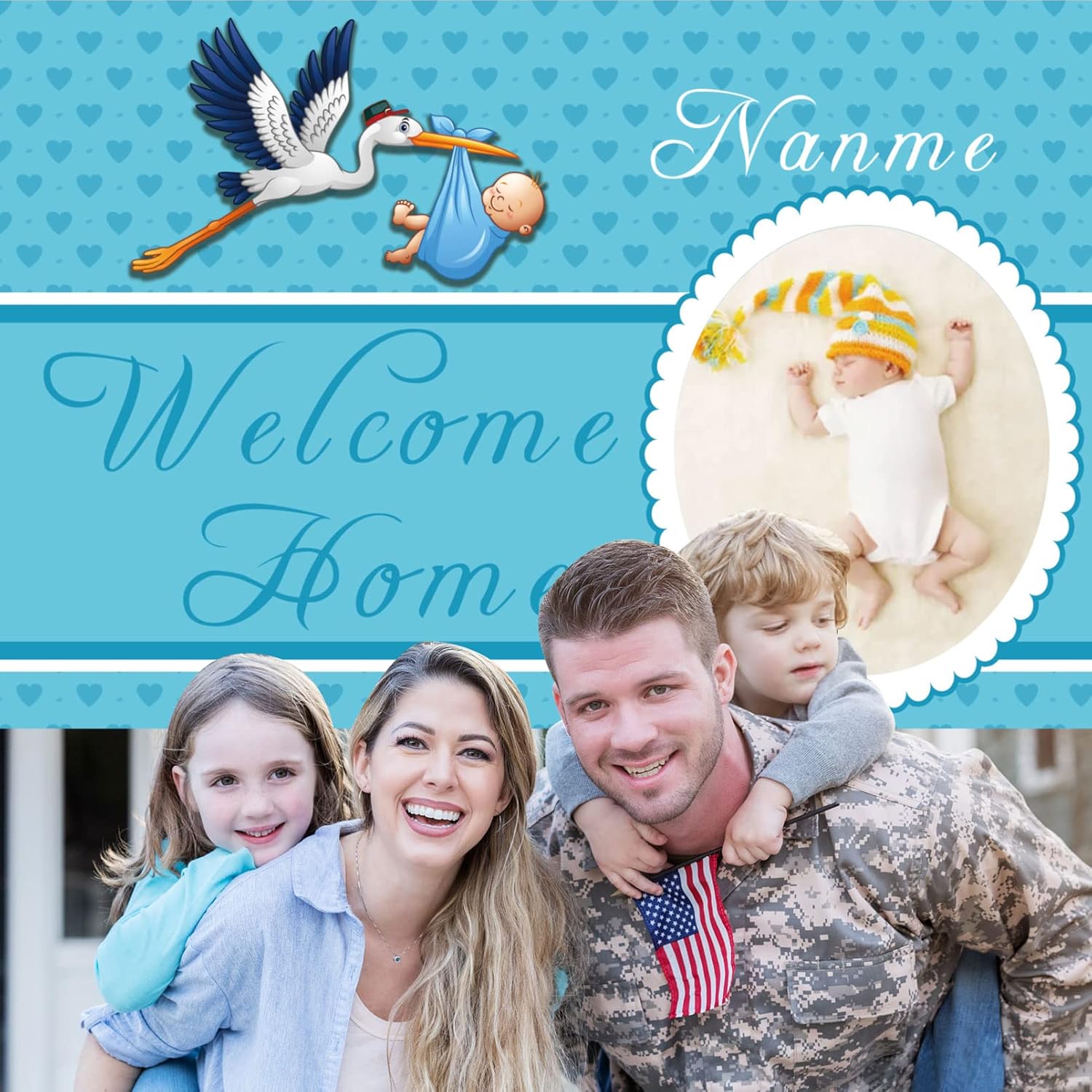 Custom Welcome Home Baby Boy Garden Flag Baby Shower Birth Announcement Family Party Newborn Gender Reveal Lawn Yard Sign Pink Stork Outdoor Decoration Burlap Banner (Blue-Baby Boy)(5x7.5ft)