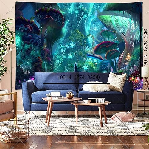 Miniatura 5 de Aidatain Tapiz de selva de hongos misteriosos, extra grande de 108 pulgadas y 90 pulgadas, diseño de árbol de luciérnaga de fantasía, juego de
