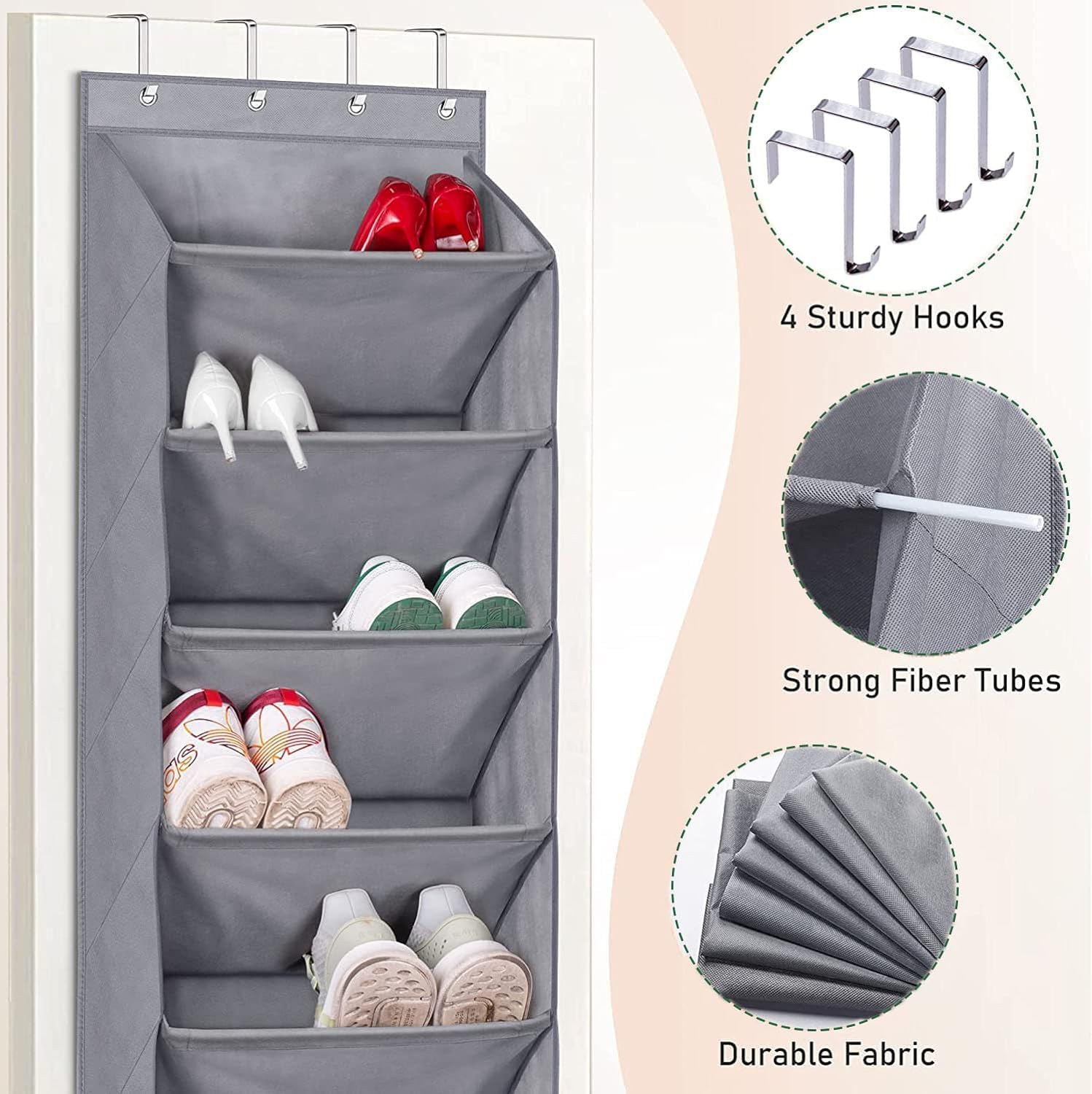 MISSLO 8 Shelf Hanging Shoe Rack Over Door Shoe Storage with Deep Pockets Organizer fits 20 works Closet Shoe Holder Organiser for Narrow Door Grey - Image 3