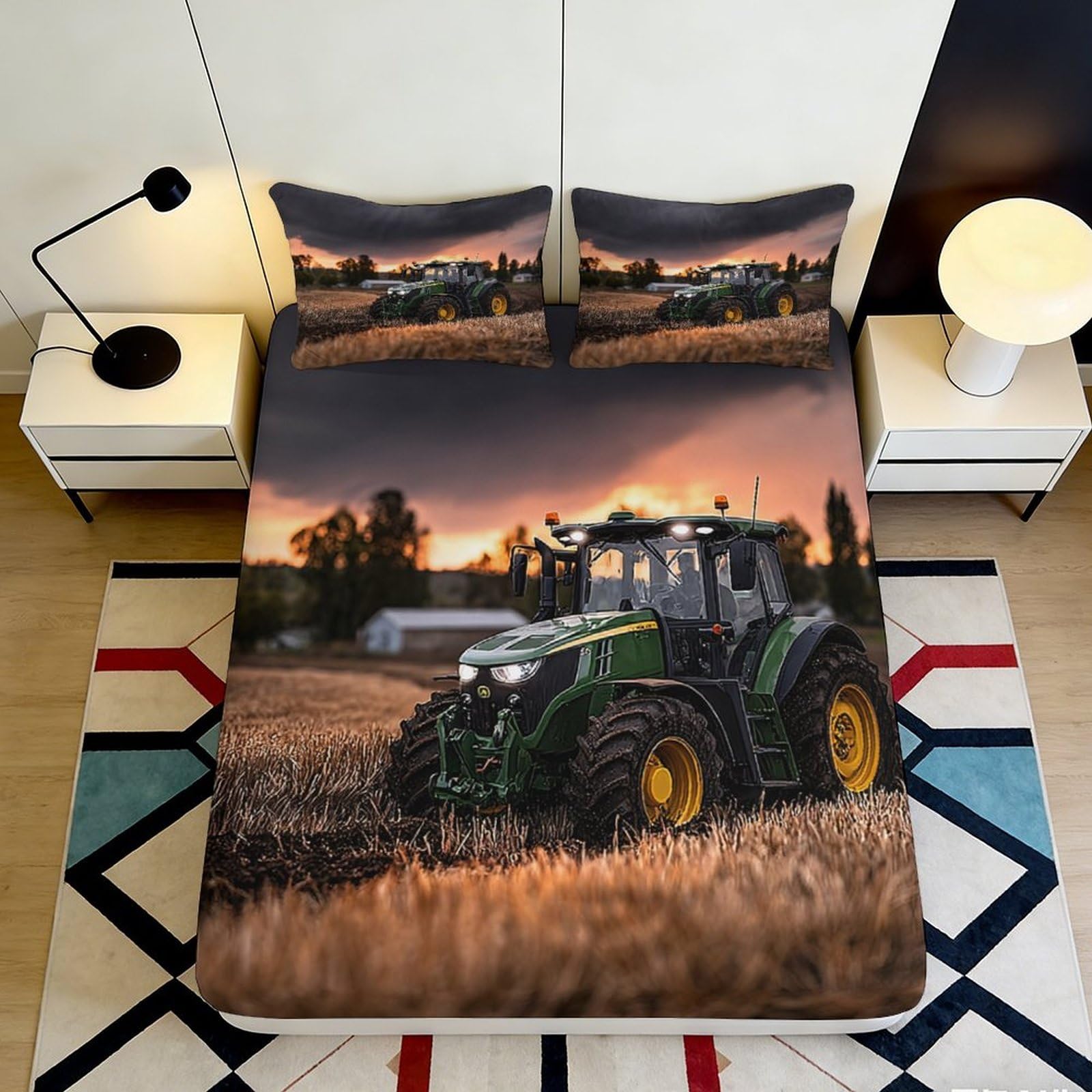 3D Printed Tractor Green Fitted Sheet Microfiber Durable Soft 3D Printed Farm Scene Mattress Cover for Bedroom Dorm Dormitory Guest Room 200x200x25cm