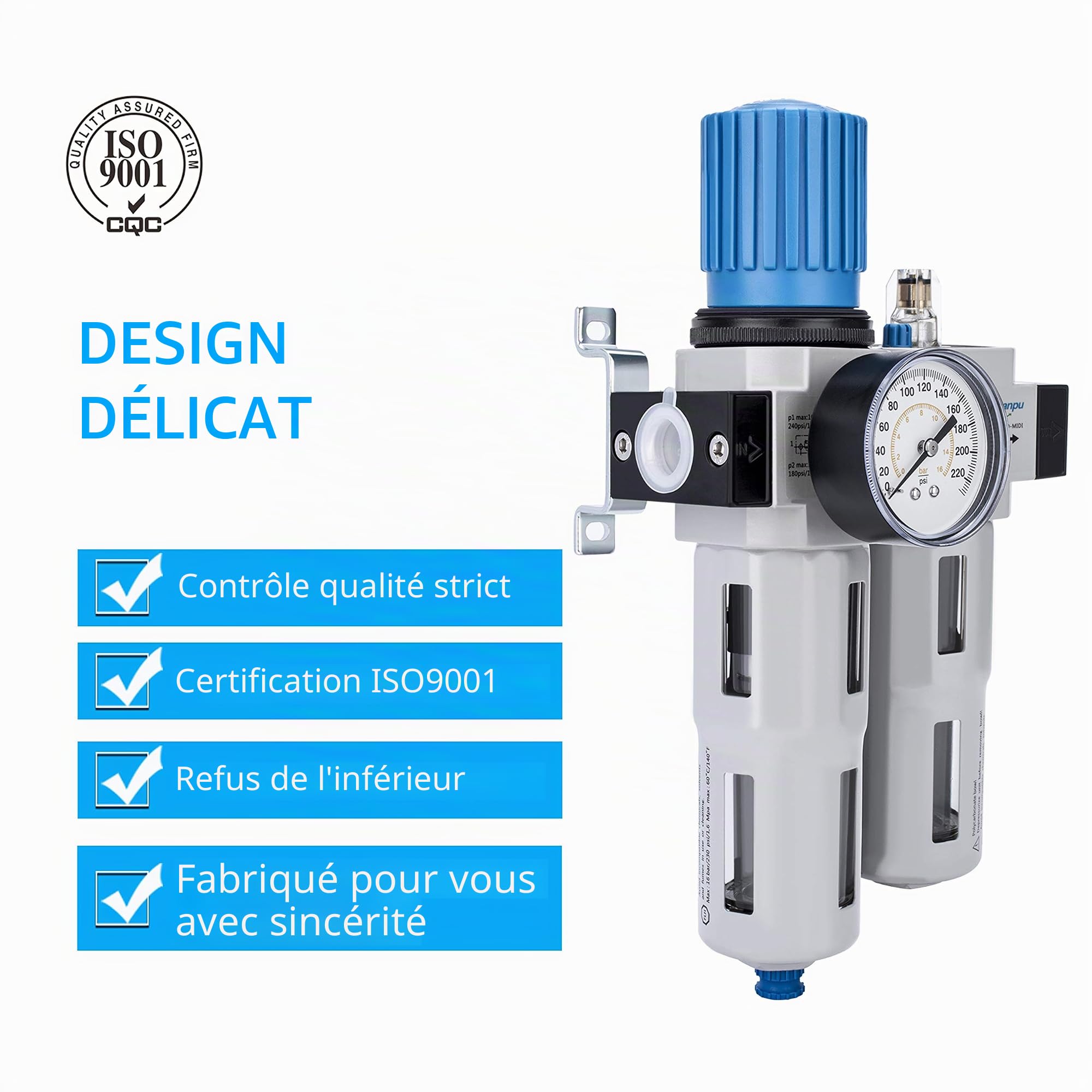 NANPU 3/8" BSPP Filtre Régulateur Lubrificateur (FRL) d'Air Comprimé Séparateur Eau-Huile - Haute Pression, Alliage de zinc, Manomètre (0-16 Bar), Décharge Semi-automatique, Support En Métal