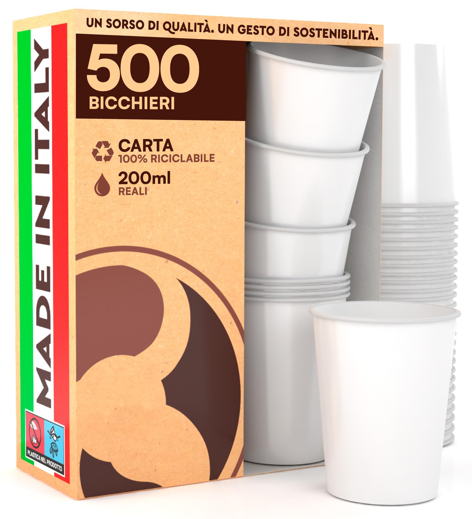 Eurocali 500 Bicchieri Bianchi 200ml in Carta per Ufficio, Aziende, Bar, Ristoranti - Monouso Ecologici Biodegradabili Asporto Bevande Calde e Fredde - Made in Italy - HoReCa