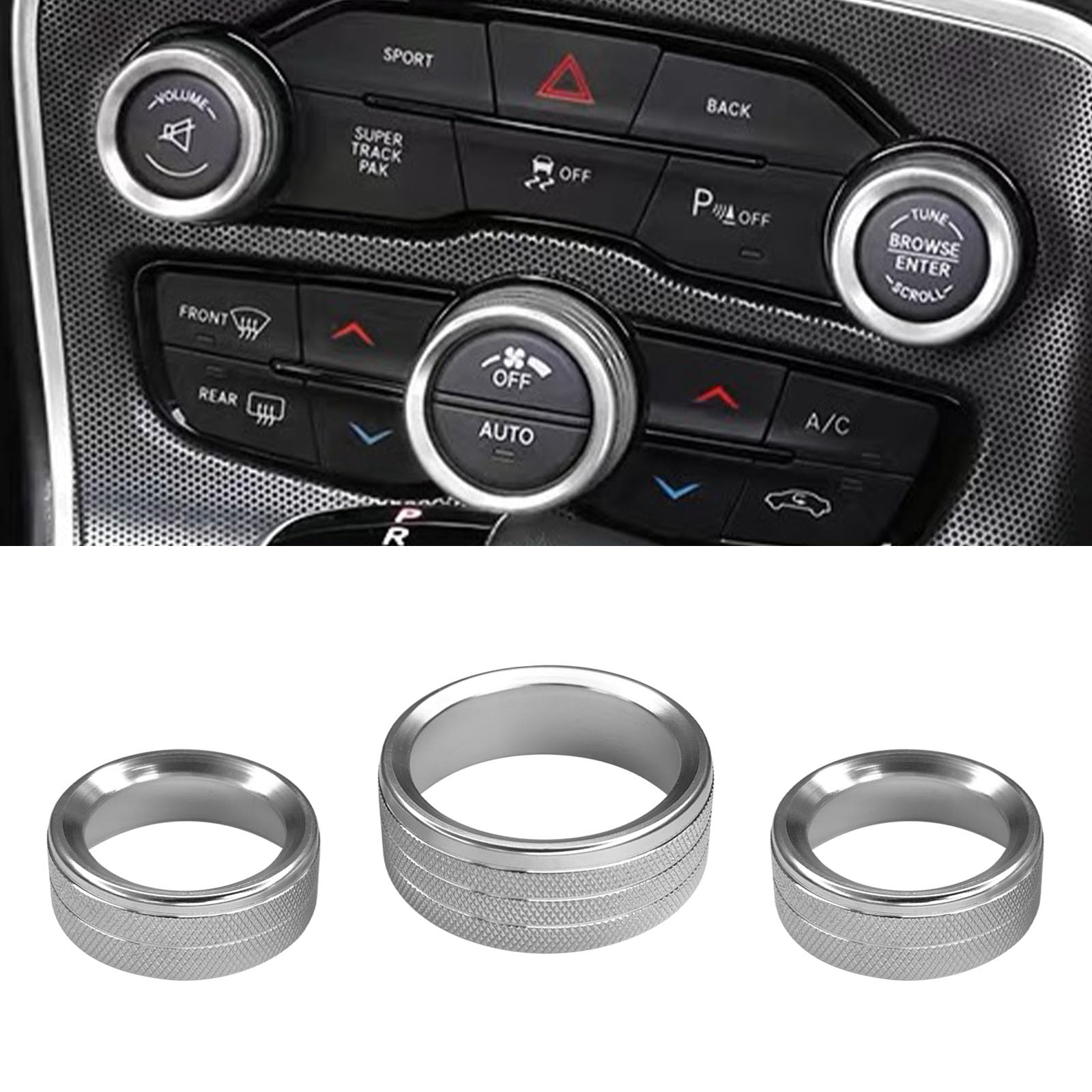 3PCS AC Air Conditioner Switch Button Knob Cover, Car Interior Decor Accessories Radio Volume Control Knob Decals for Dodge Challenger Jeep Grand Cherokee Charger Durango Journey Chrysler(Silver)