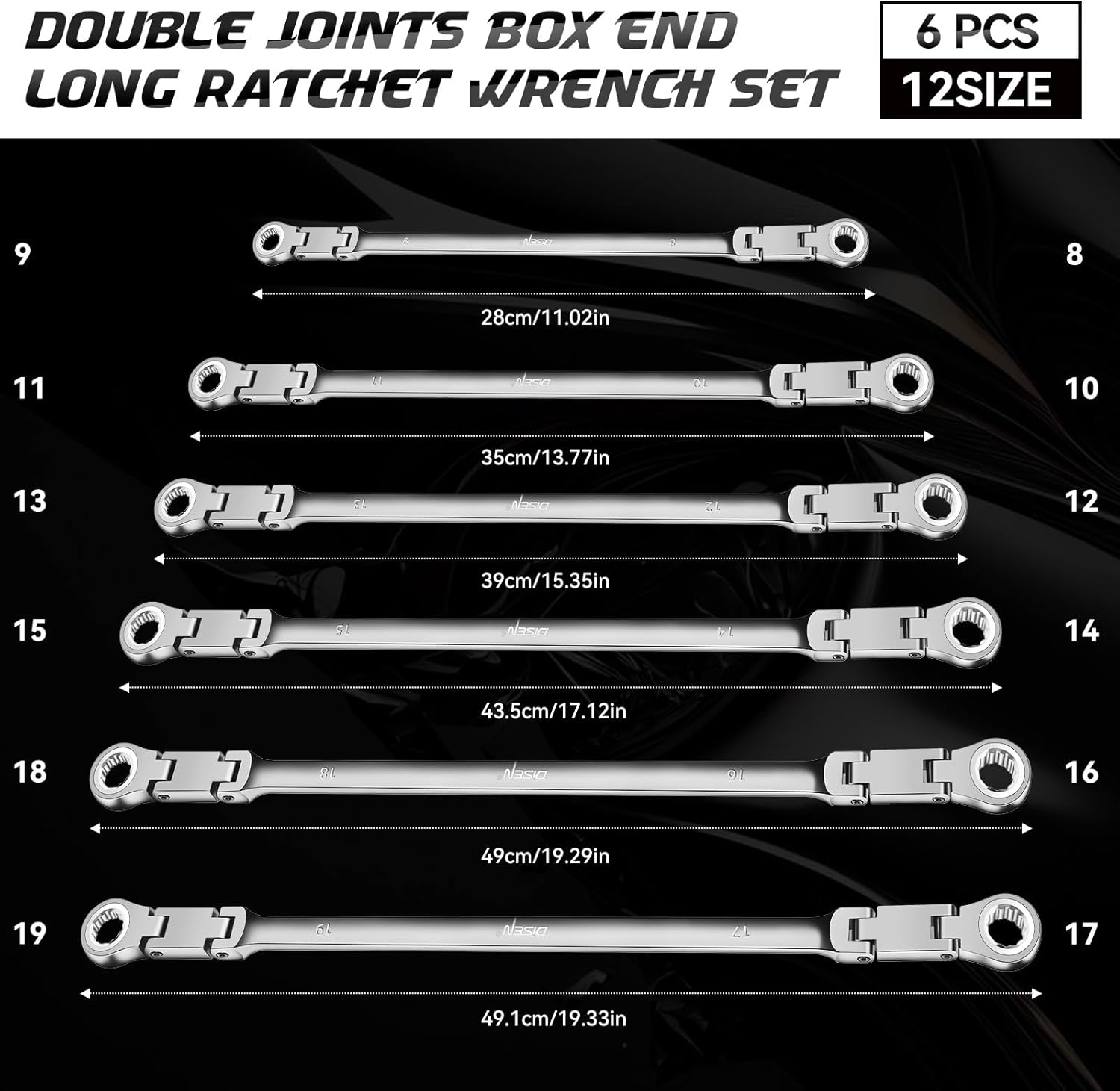 DISEN Double Jointed Extra Long Flex Head Ratchet Wrench Set, 6 PCS Metric 8-19mm Box End Ratcheting Wrench with a Magnetic Pickup Tool Kit, 72-Teeth, Cr-V Steel,12 Point Combination Wrench set