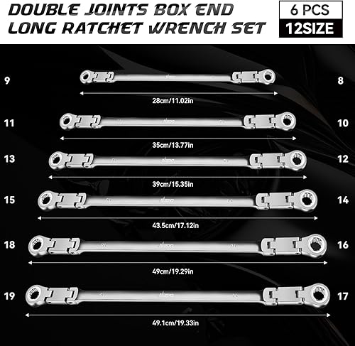 Miniatura 22 de DISEN Juego de llaves de trinquete de cabeza flexible extra larga de 0.551-0.591 in, llave de trinquete de largo alcance con extremo de caja doble